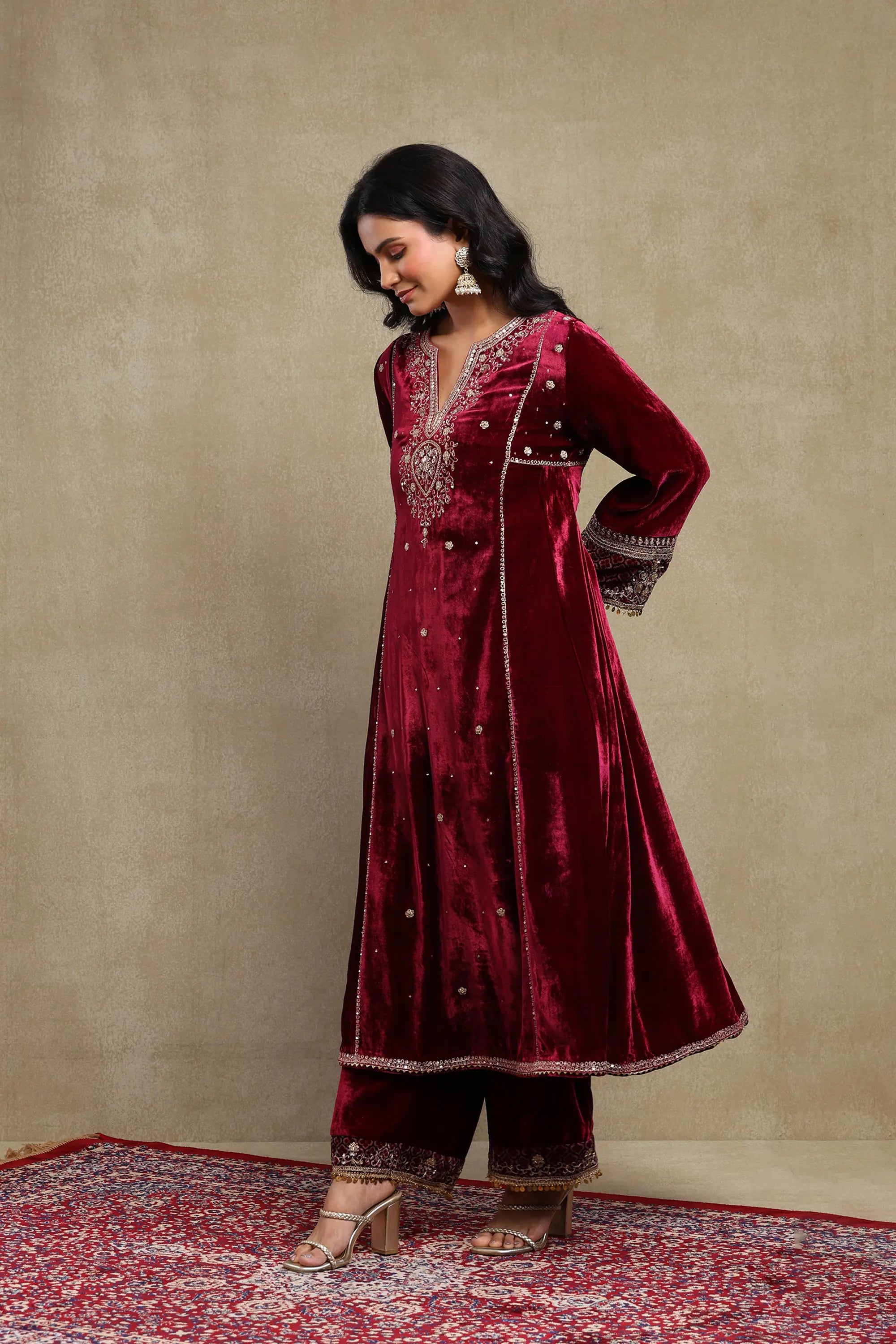Sahira Plum Embroidered Silk Velvet A-Line Kurta Set
