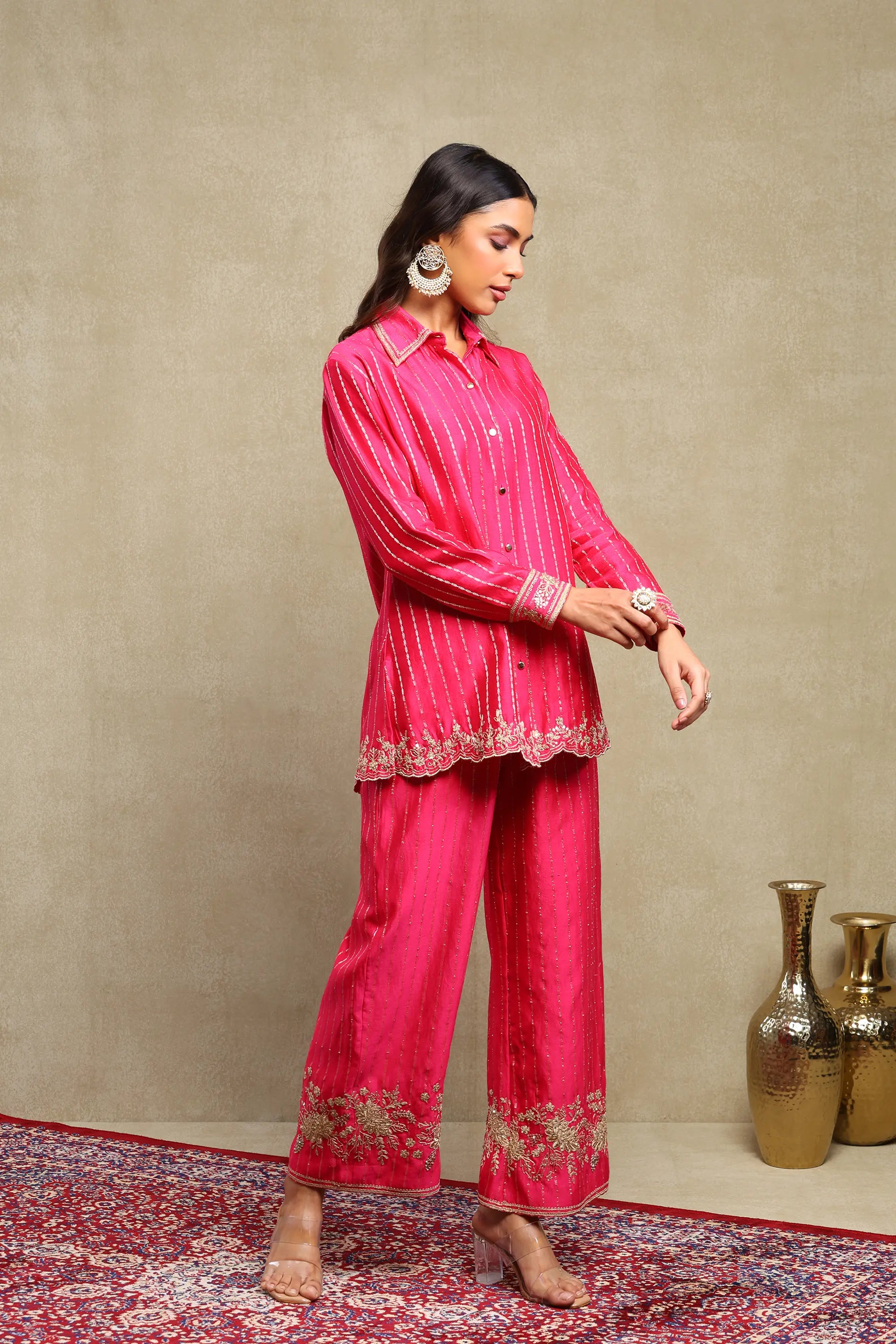 Aarvi Hot Pink Hand Embroidered Banarasi Zari Co-Ord Set