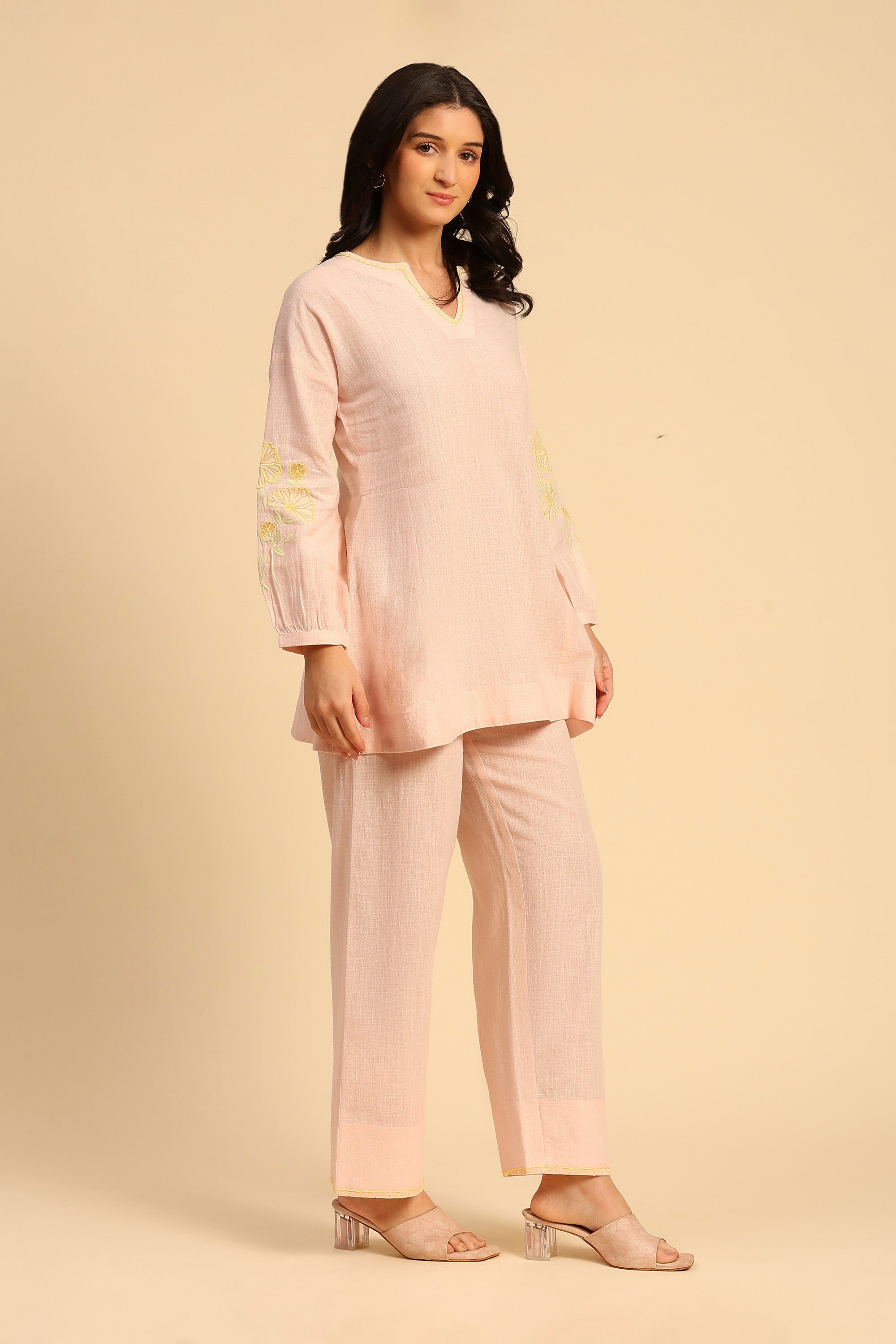 Alaya Soft Pink Embroidered Handcrafted Cotton Linen  Co-ord Set