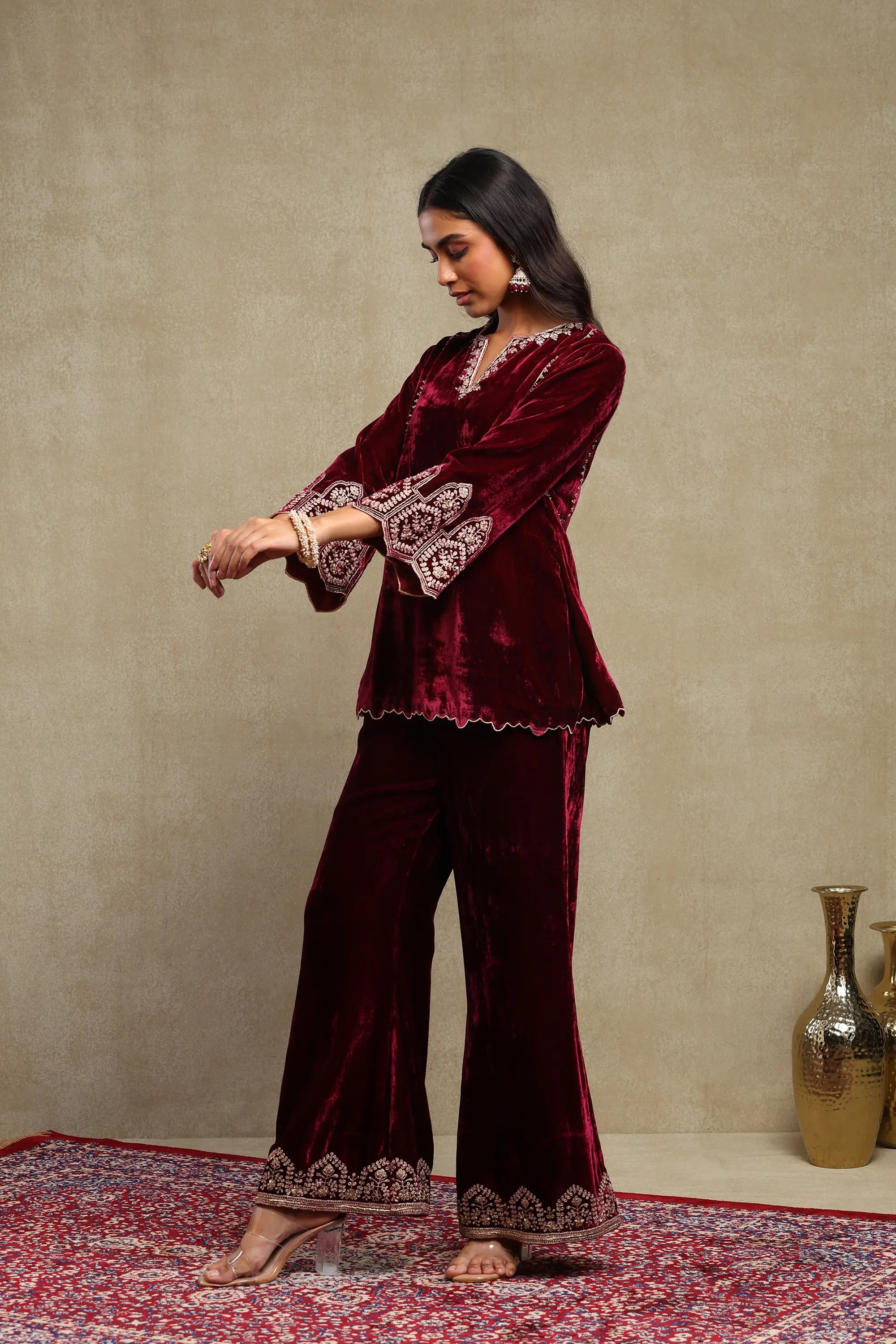 Rida Plum Hand Embroidered Silk Velvet Co-Ord Set