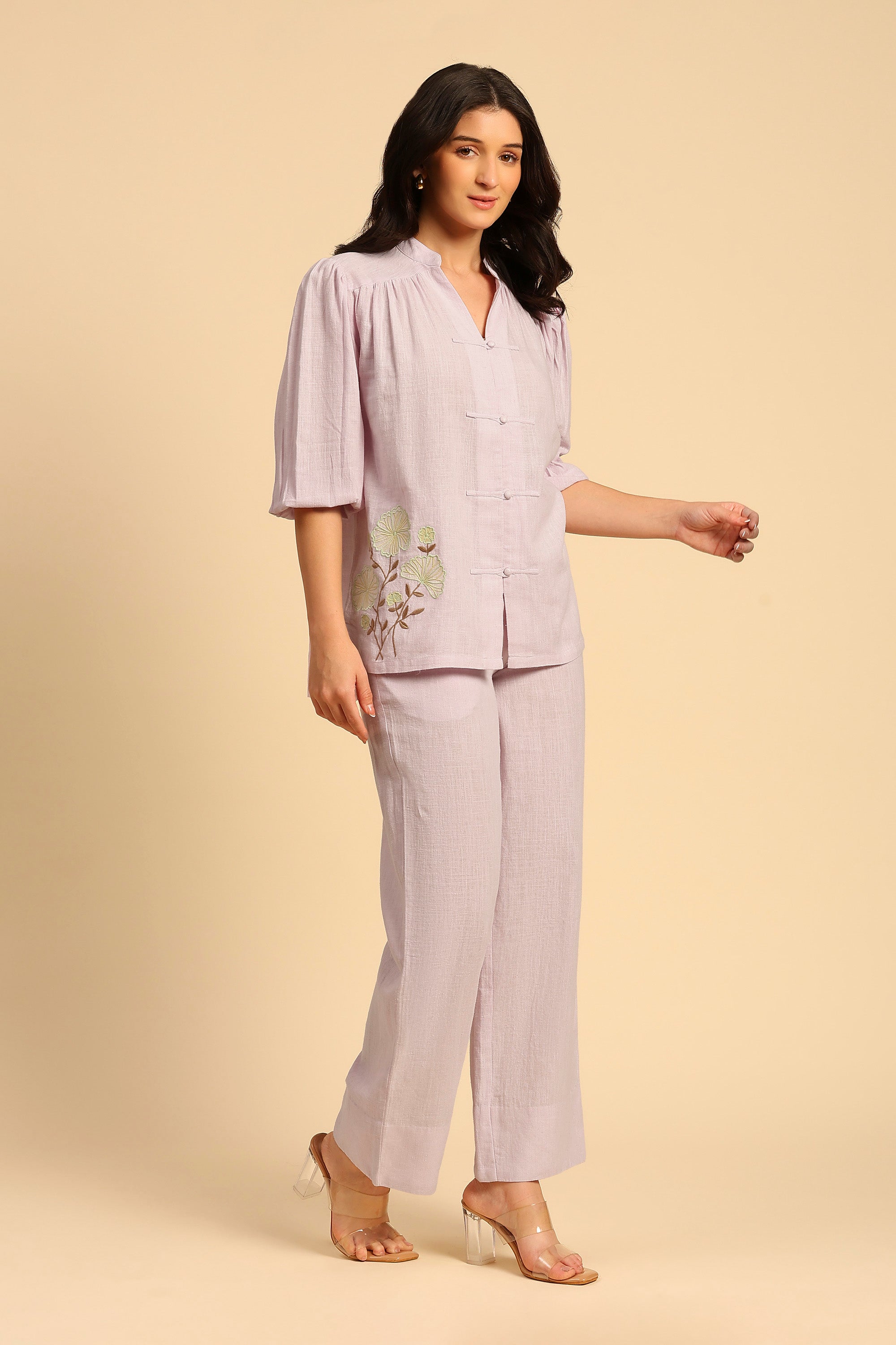 Daphne Light Purple Embroidered Handcrafted Cotton Linen Co-ord Set: