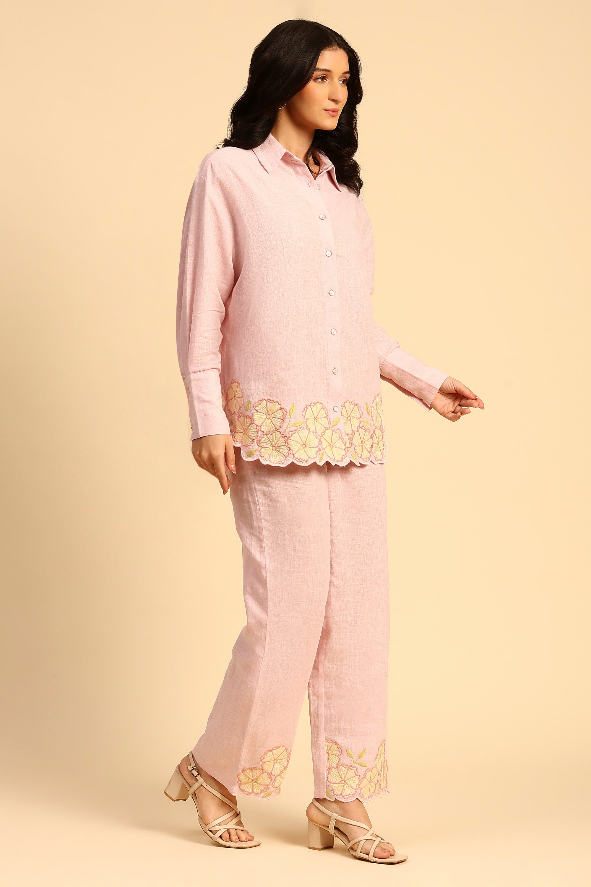 Niya Pink Embroidered Handcrafted Cotton Linen Co-ord Set
