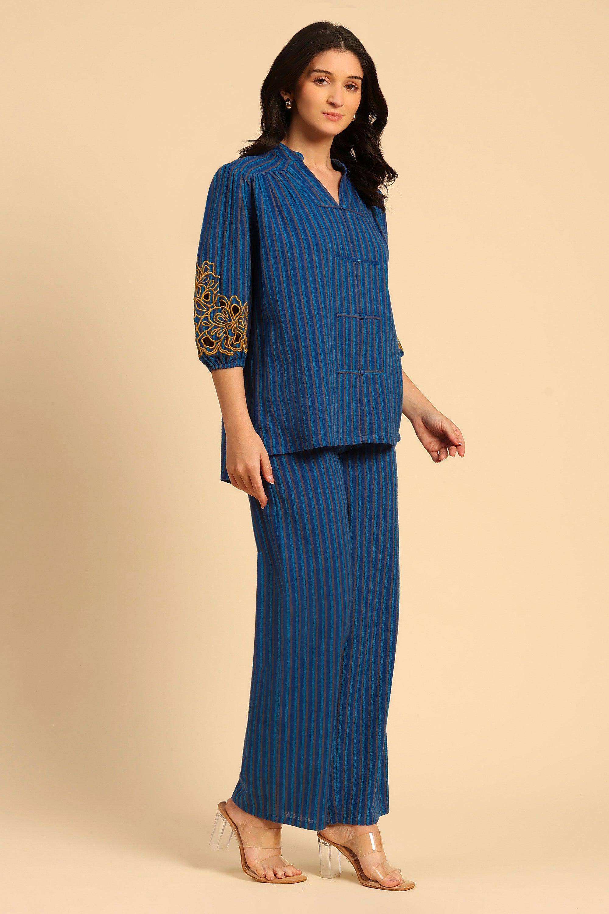 Sama Blue Embroidered Yarn Dyed Handcrafted Co-ord Set