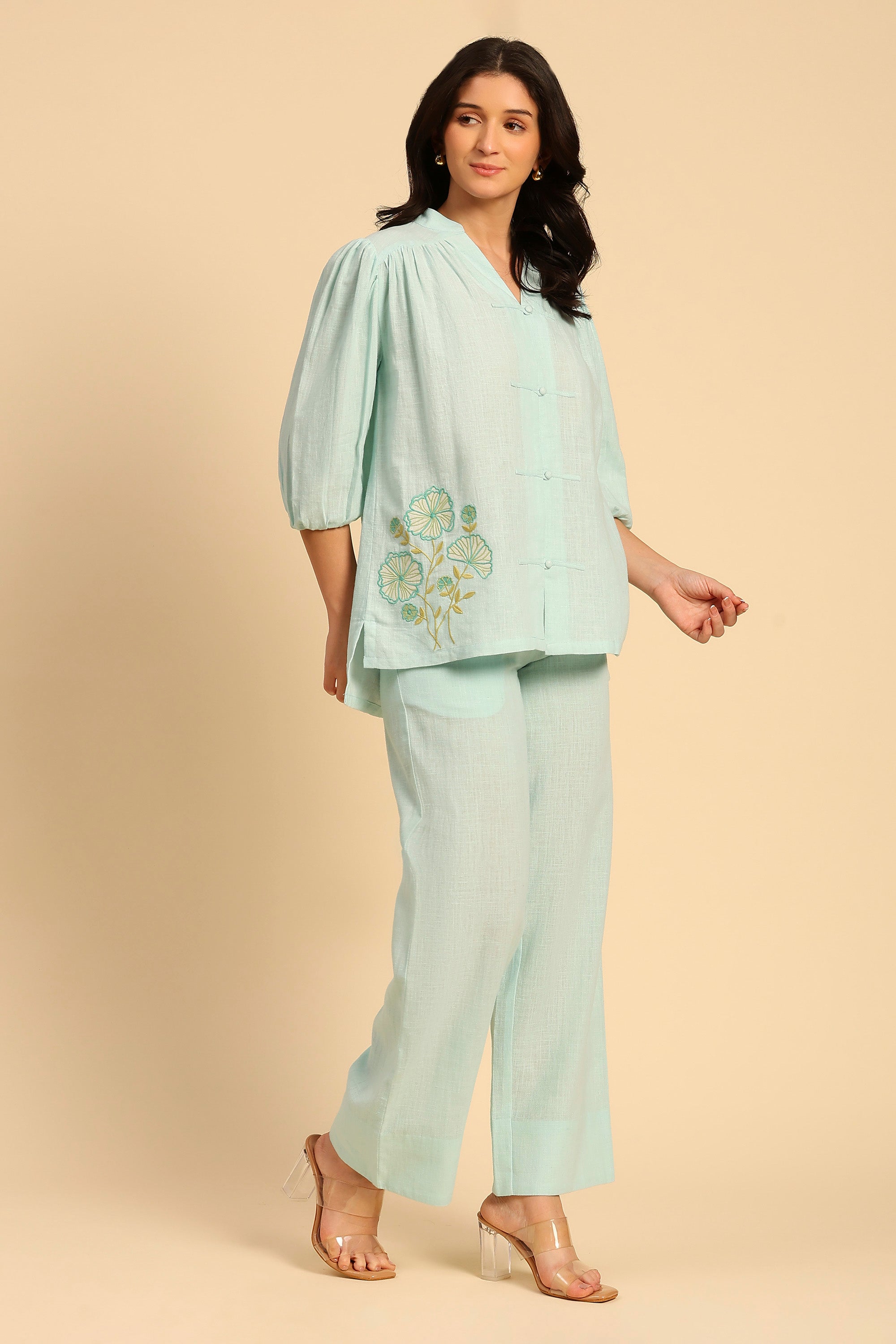 Daphne Blue Embroidered Cotton Linen Handcrafted Co-ord Set
