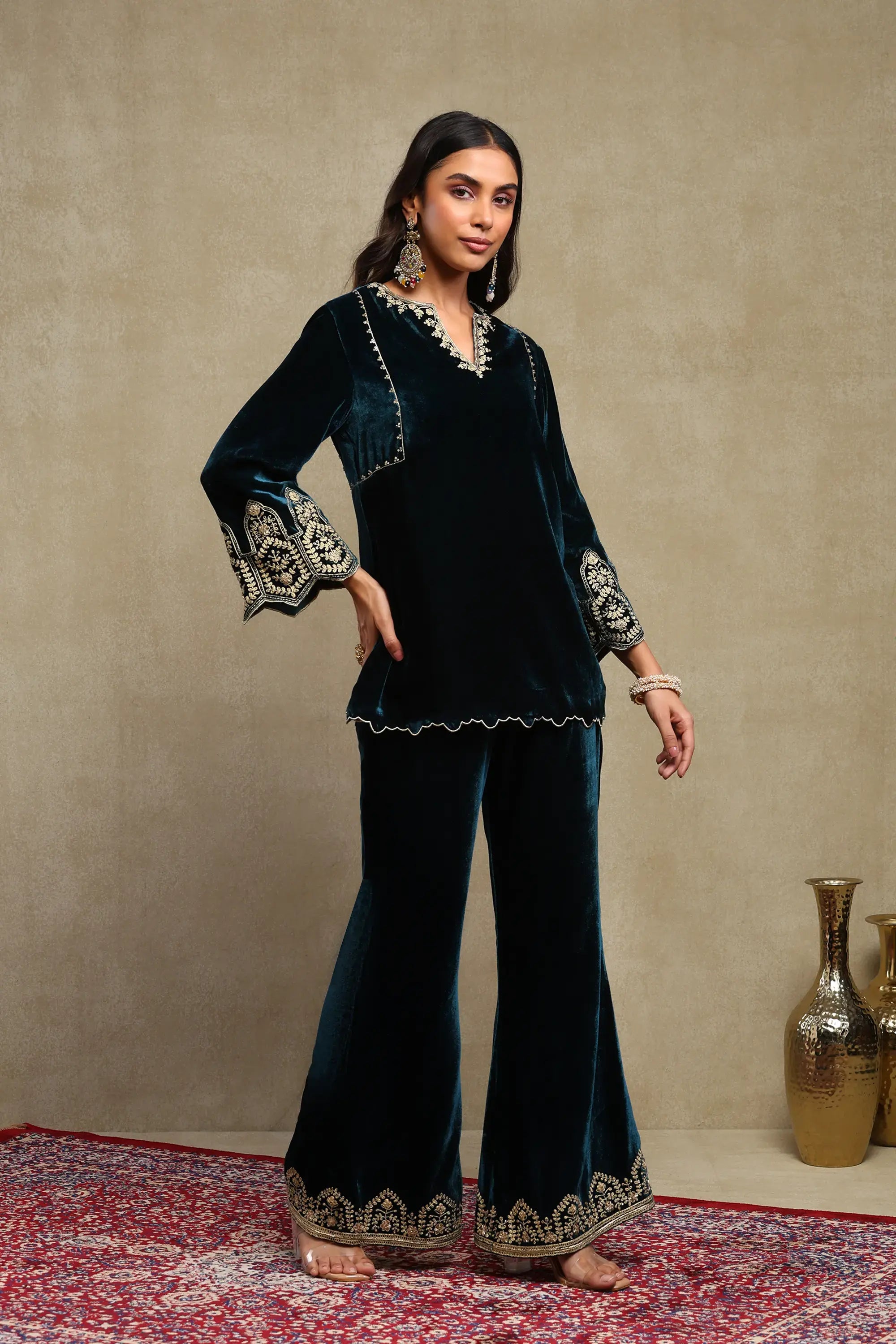 Rida Midnight Blue Hand Embroidered Silk Velvet Co-Ord Set