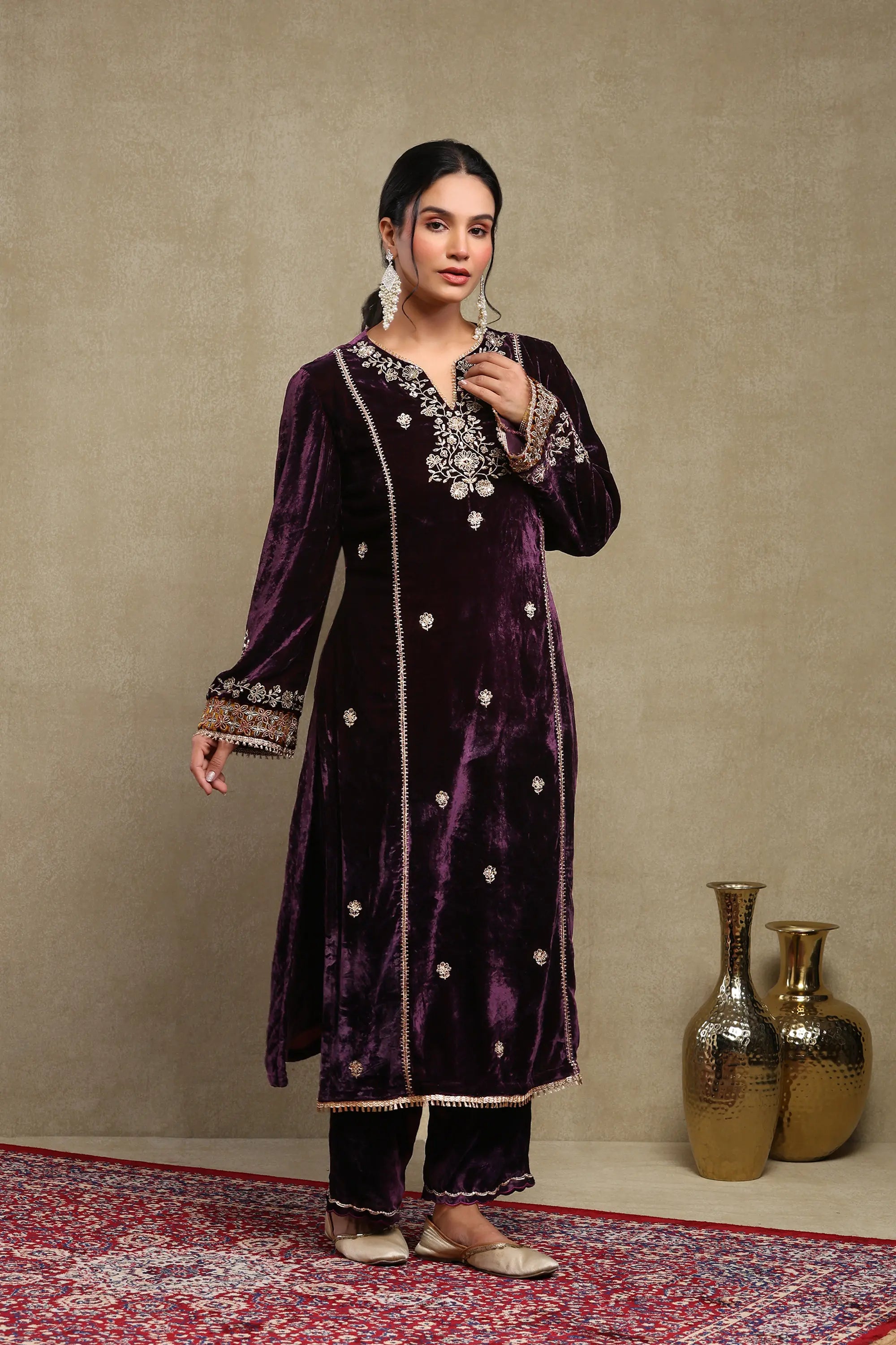 Leena Purple Embroidered Silk Velvet Handcrafted Kurta Set