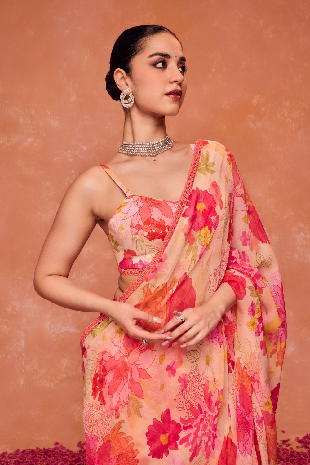 AROHI PINK FLORAL PRINTED ORGANZA SAREE