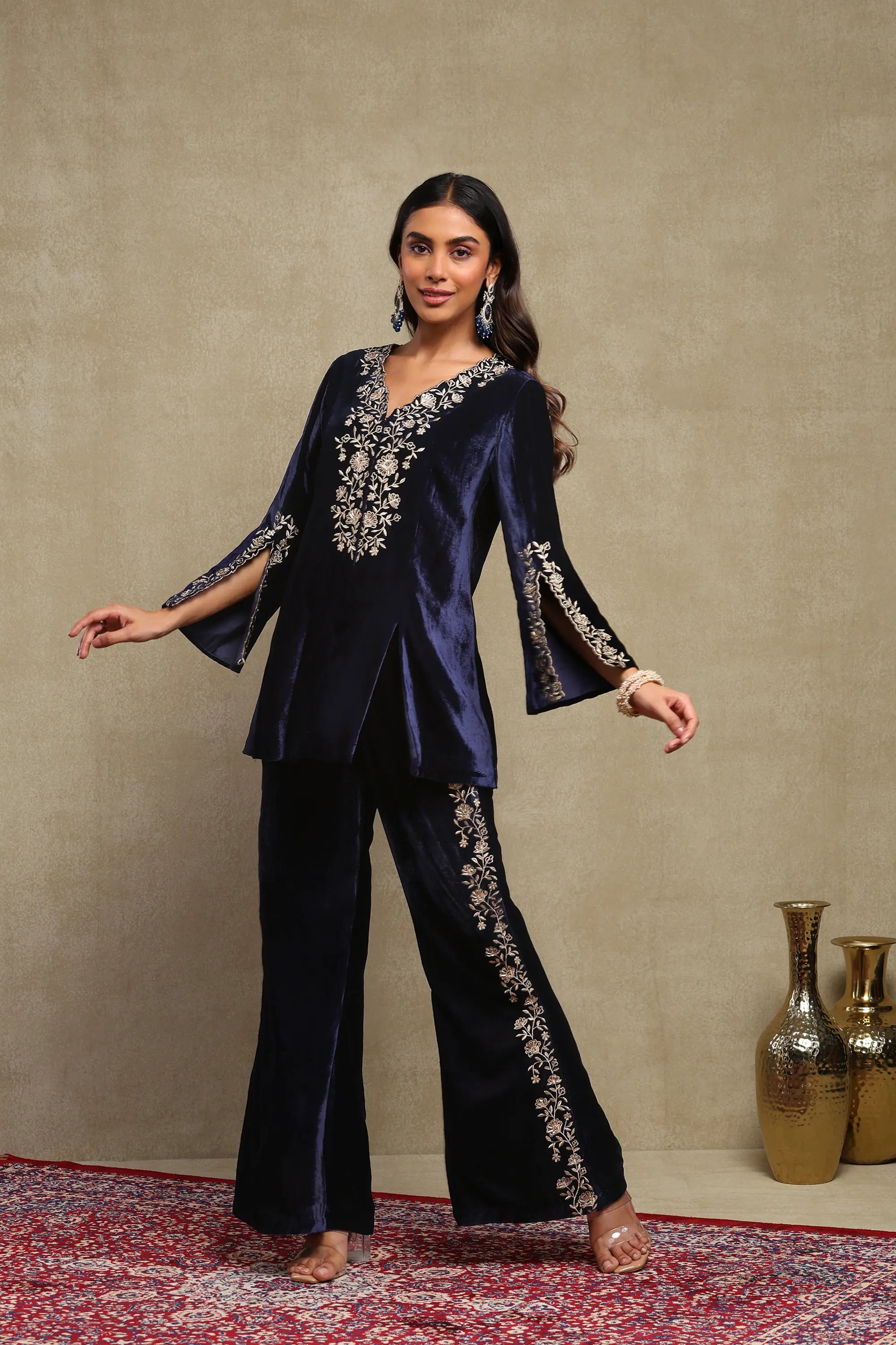 Maisha Navy Blue Hand Embroidered Silk Velvet Co-Ord Set