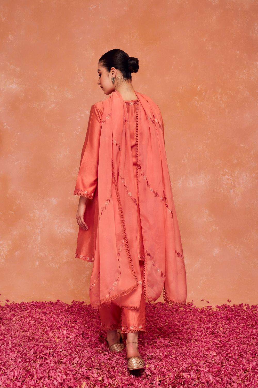 NAIRA PEACH SILK CHANDERI KURTA SET