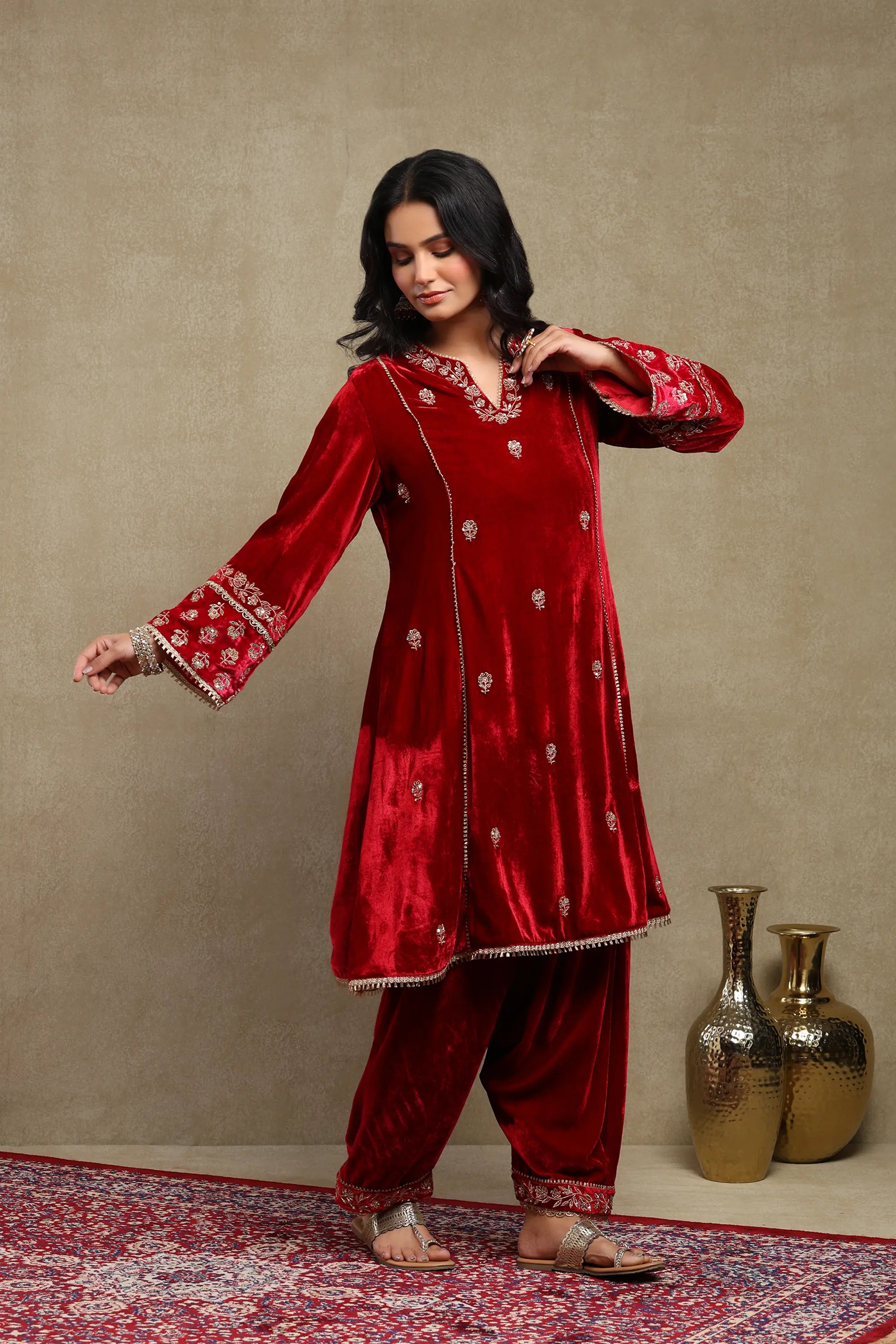 Raabta Cherry Red Embroidered Silk Velvet Kurta Set