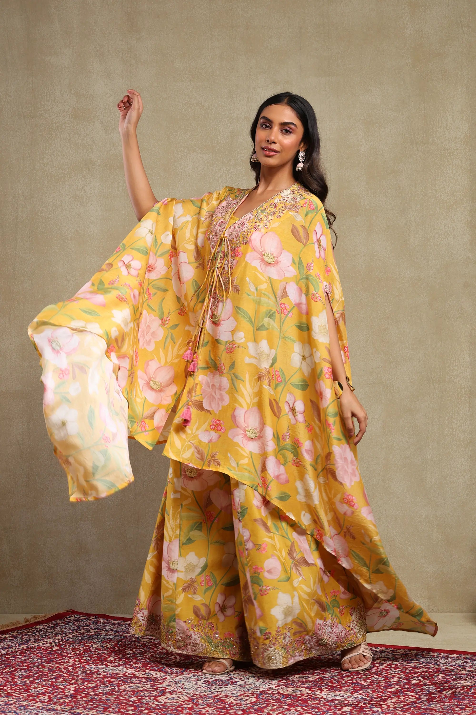 Tanisha Mustard Floral Printed Hand Embroidered Lightweight Chanderi Kaftan Set