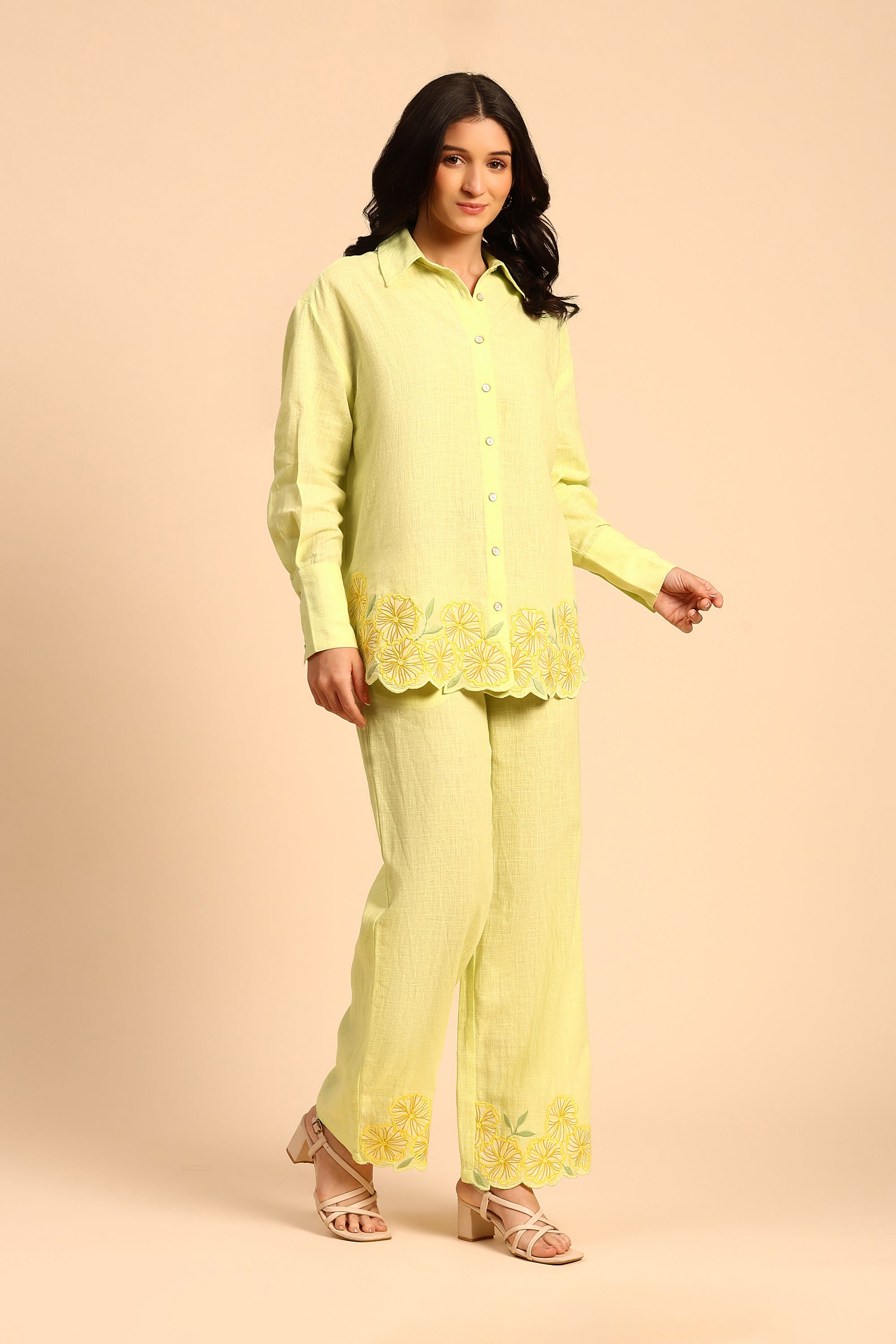Niya Green Embroidered Handcrafted Cotton Linen Co-ord Set
