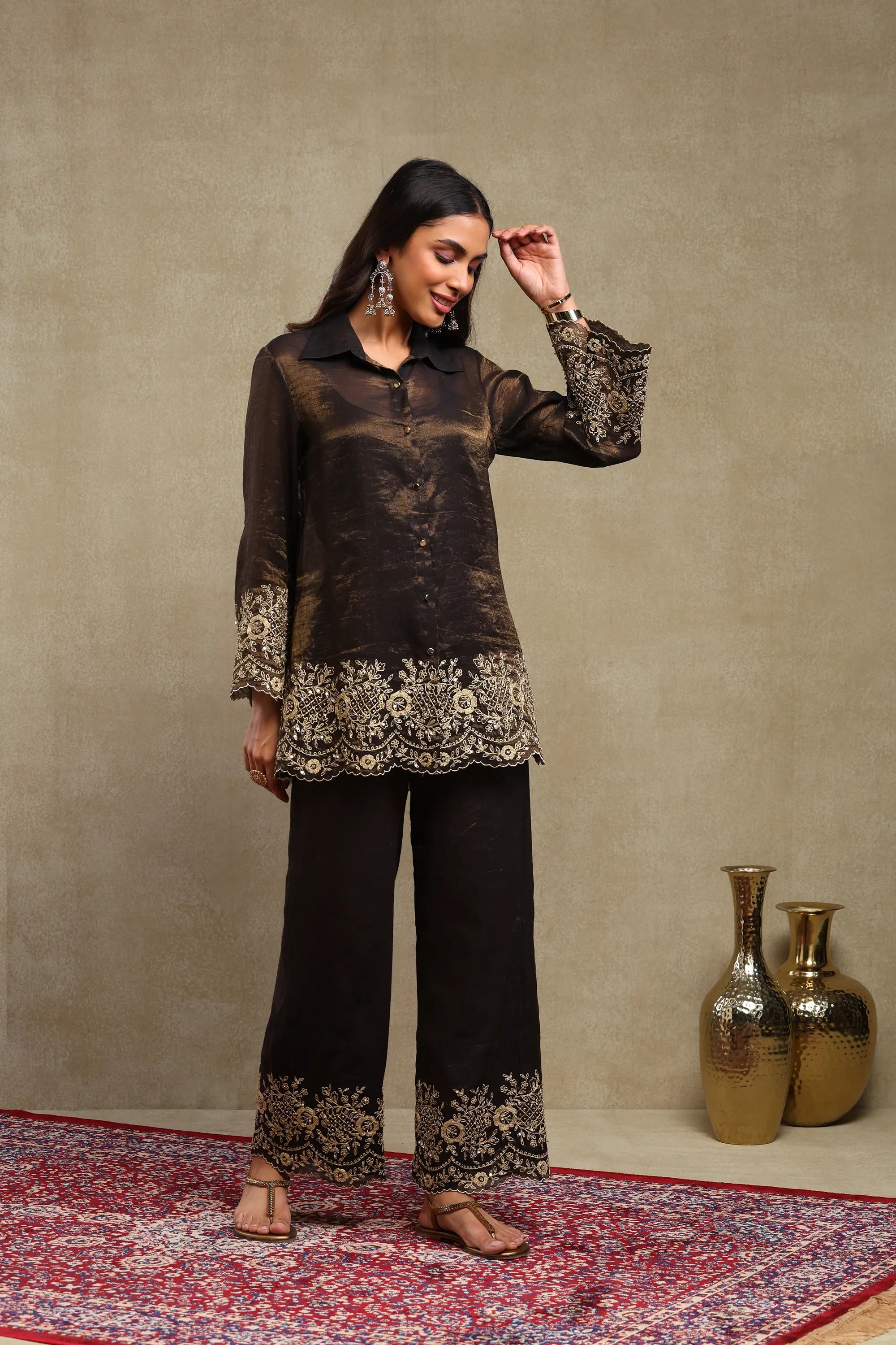 Aadya Black Hand Embroidered Tissue Chanderi Co-Ord Set