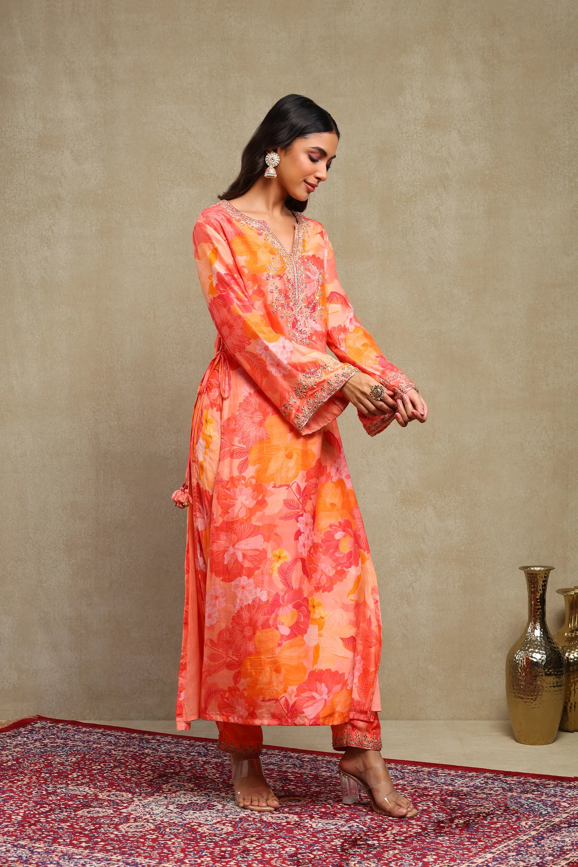Lily Red & Orange Floral Printed Hand Embroidered Silky Modal Kaftan Set