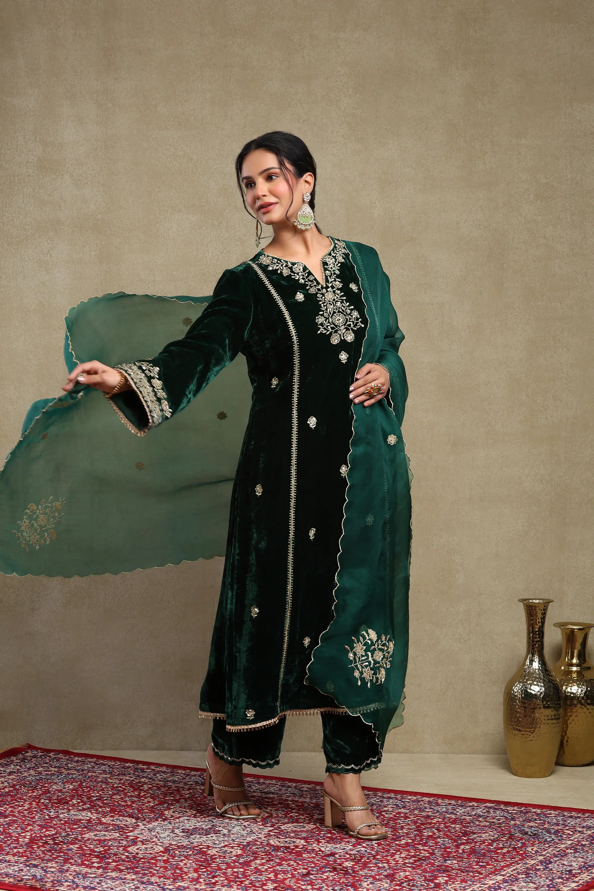 Leena Forest Green Embroidered Silk Velvet Handcrafted Kurta Set
