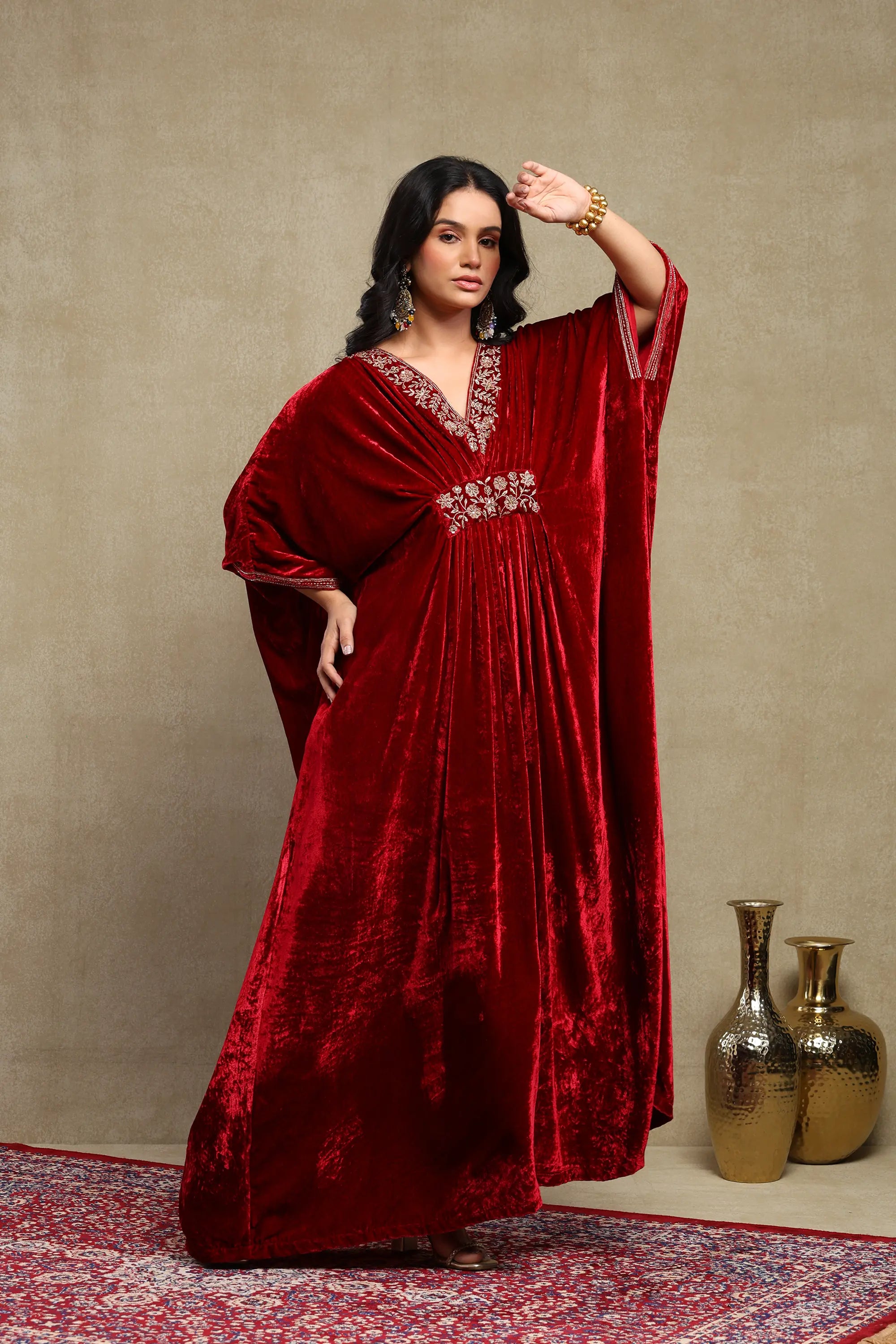 Gulzar Cherry Red Silk Velvet Handcrafted Kaftan