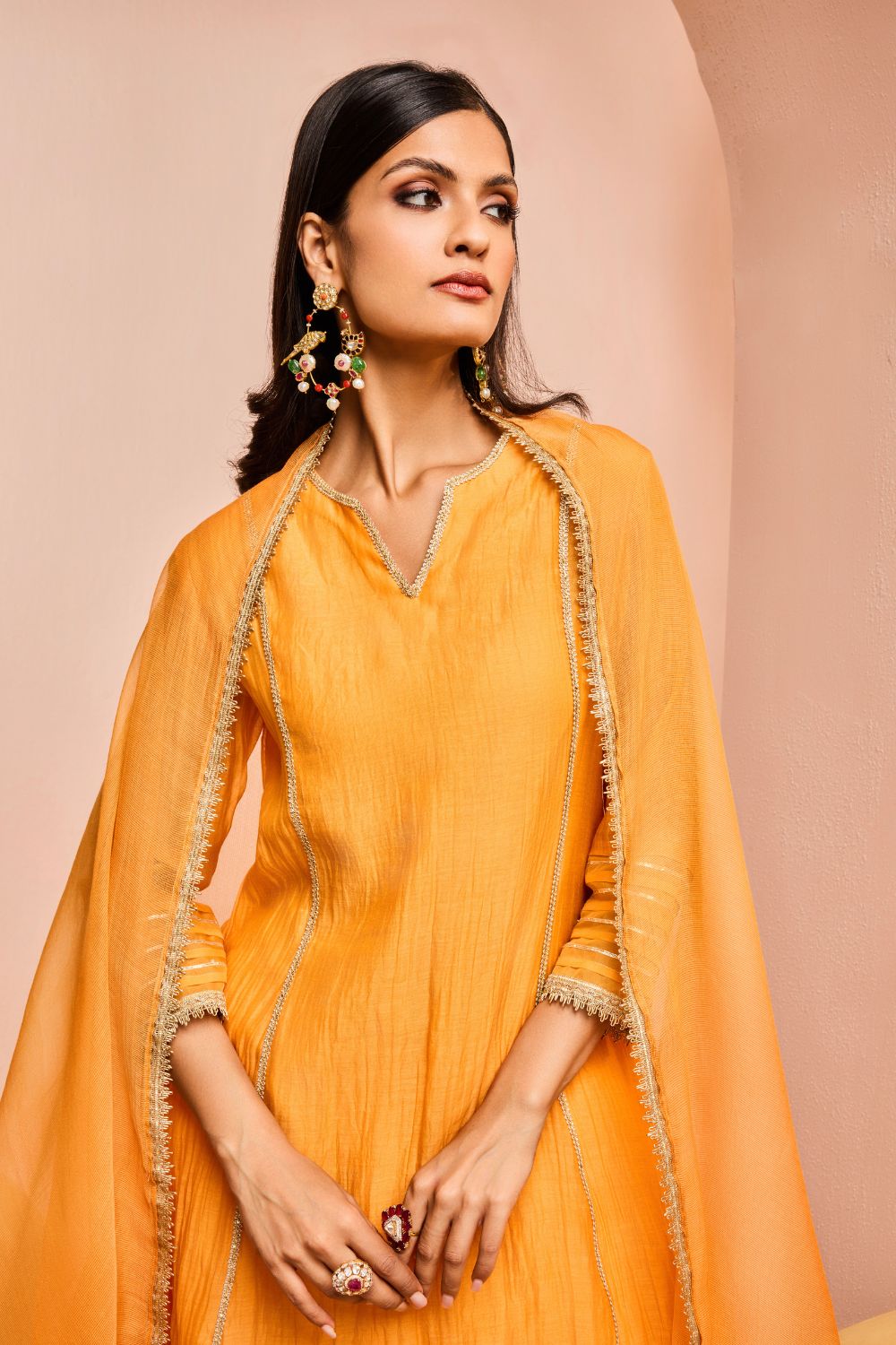 RUMI ORANGE COTTON SILK CHANDERI KURTA SET