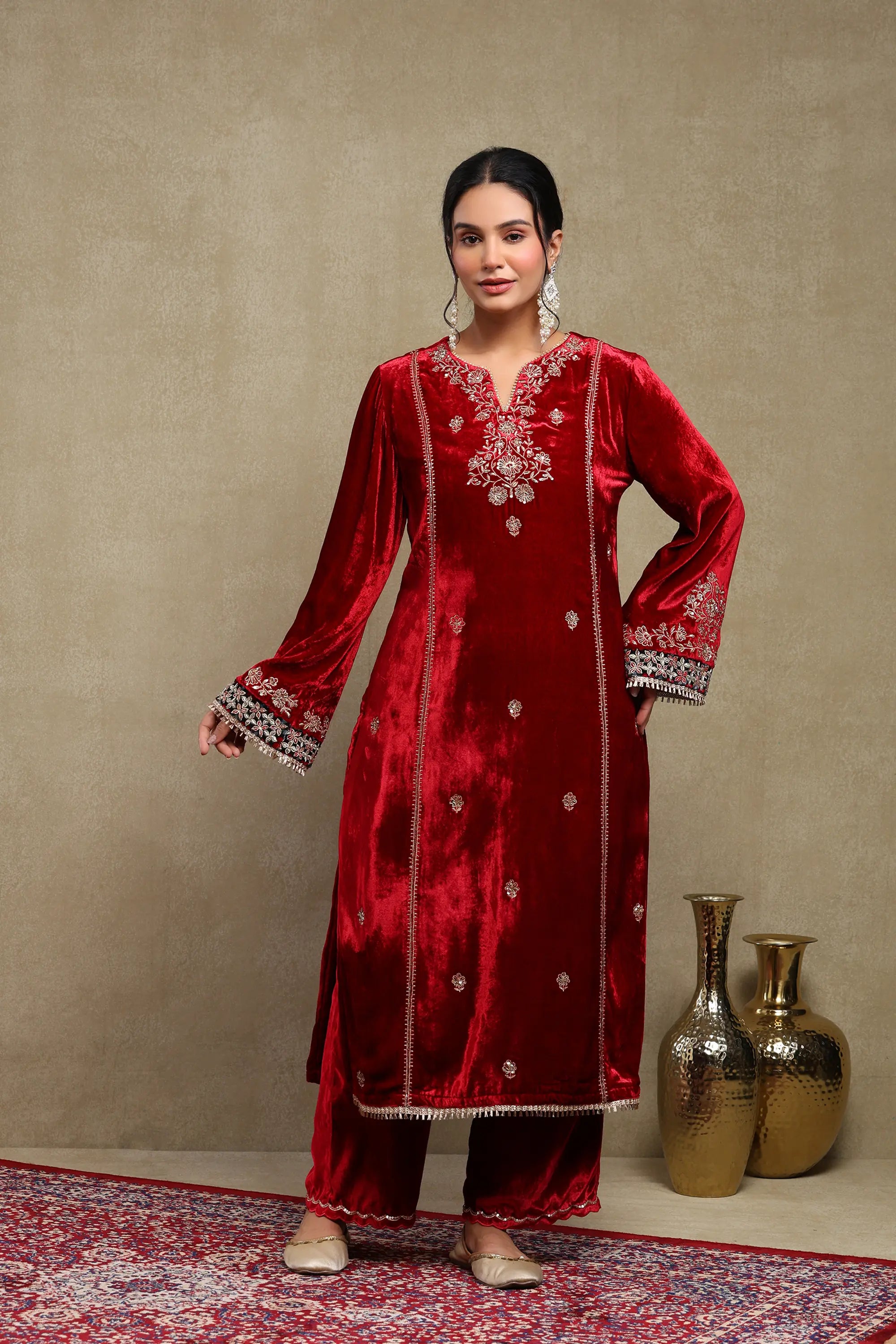 Leena Cherry Red Embroidered Silk Velvet Handcrafted Kurta Set