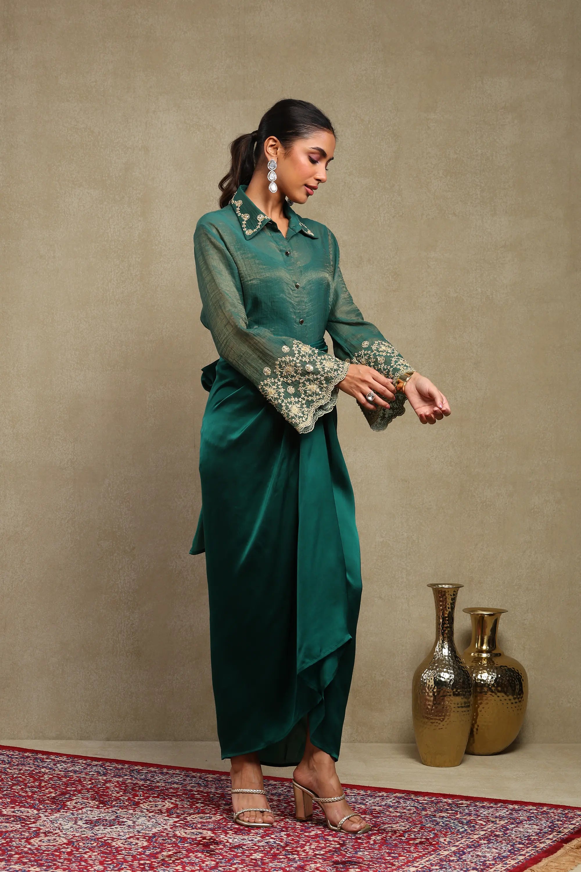 Elina Emerald Green Hand Embroidered Tissue Chanderi and Satin Skirt Set