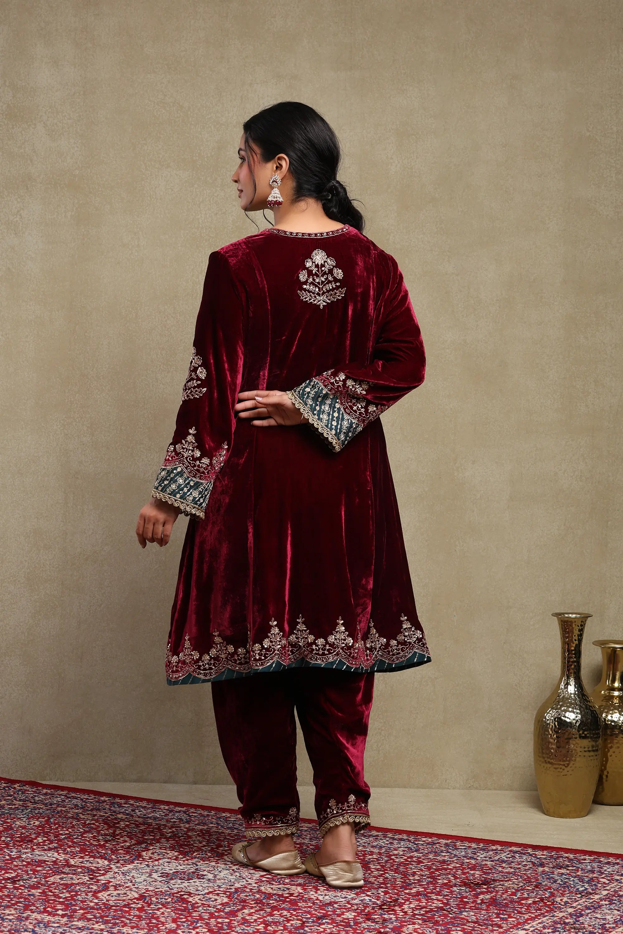 Dilruba Plum Embroidered Silk Velvet Kurta Set