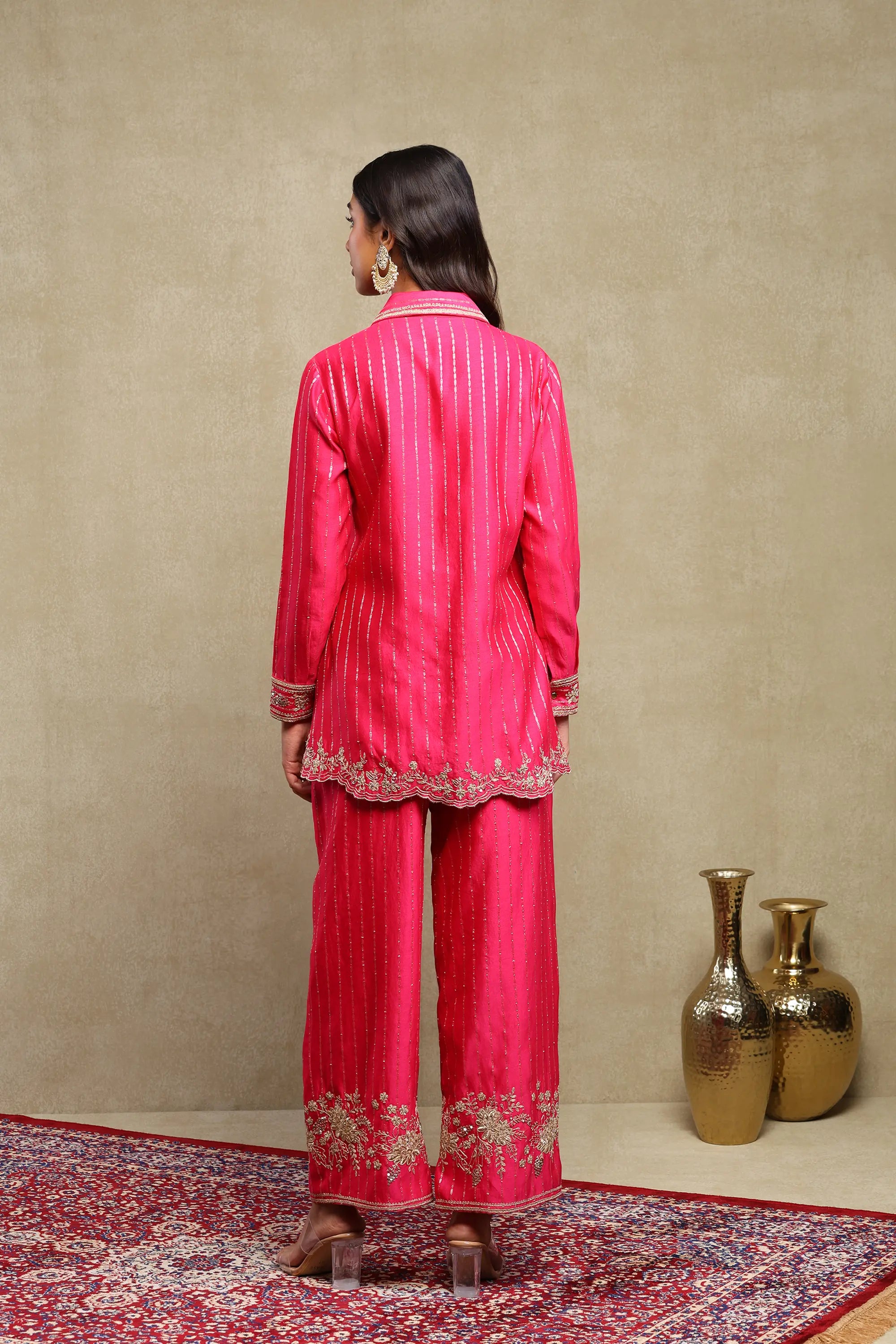 Aarvi Hot Pink Hand Embroidered Banarasi Zari Co-Ord Set