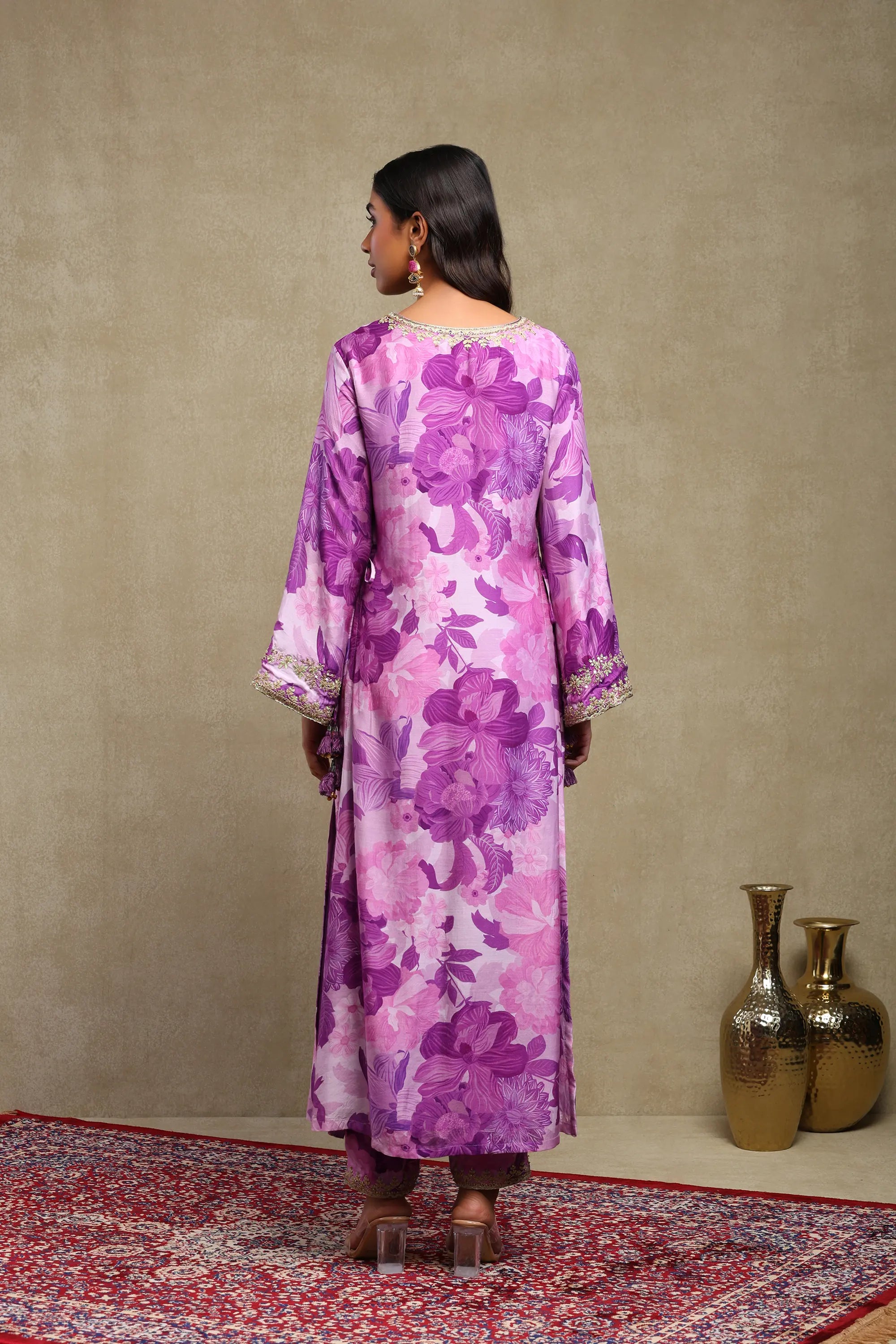 Lily Lilac Floral Printed Hand Embroidered Silky Modal Kaftan Set