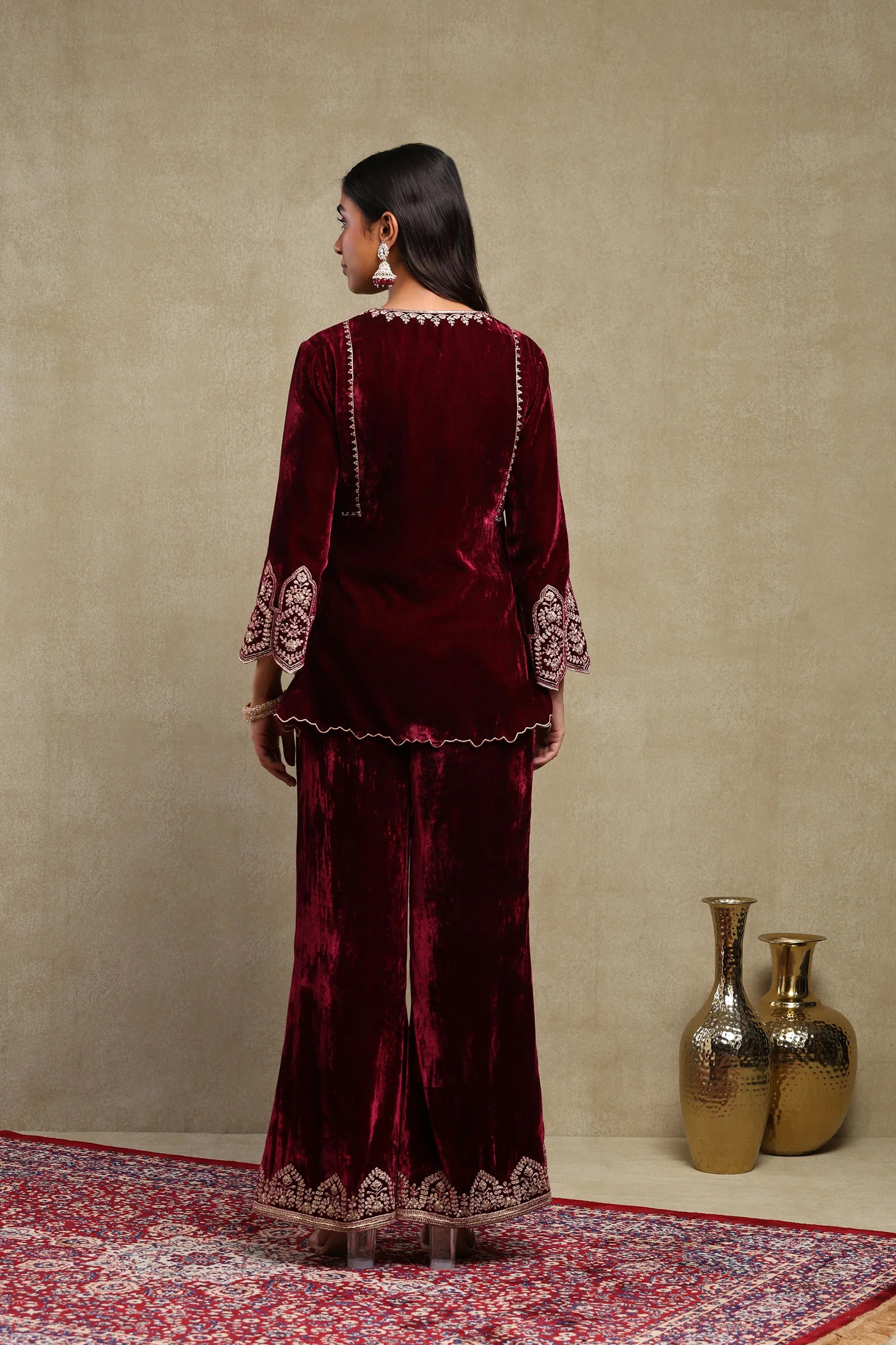 Rida Plum Hand Embroidered Silk Velvet Co-Ord Set