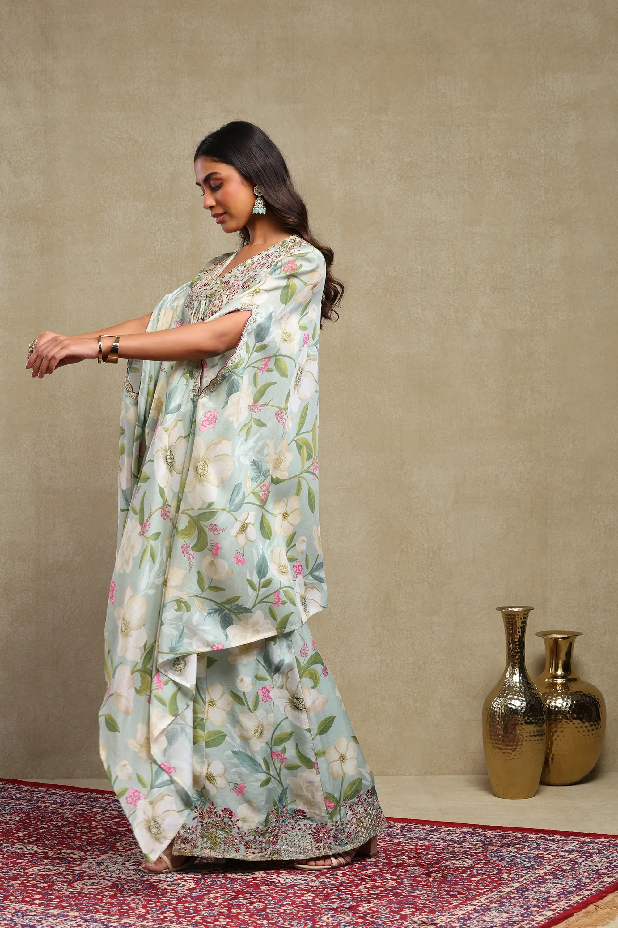 Tanisha Turquoise Floral Printed Hand Embroidered Lightweight Chanderi Kaftan Set