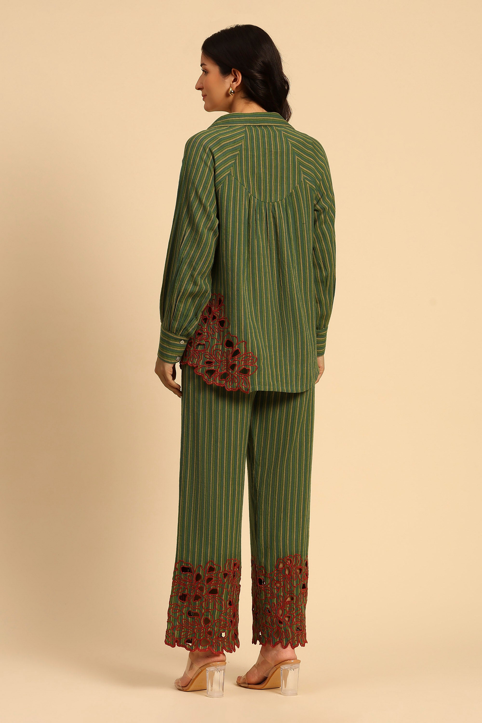 Avya Green Embroidered Yarn Dyed Handcrafted Co-ord Set: