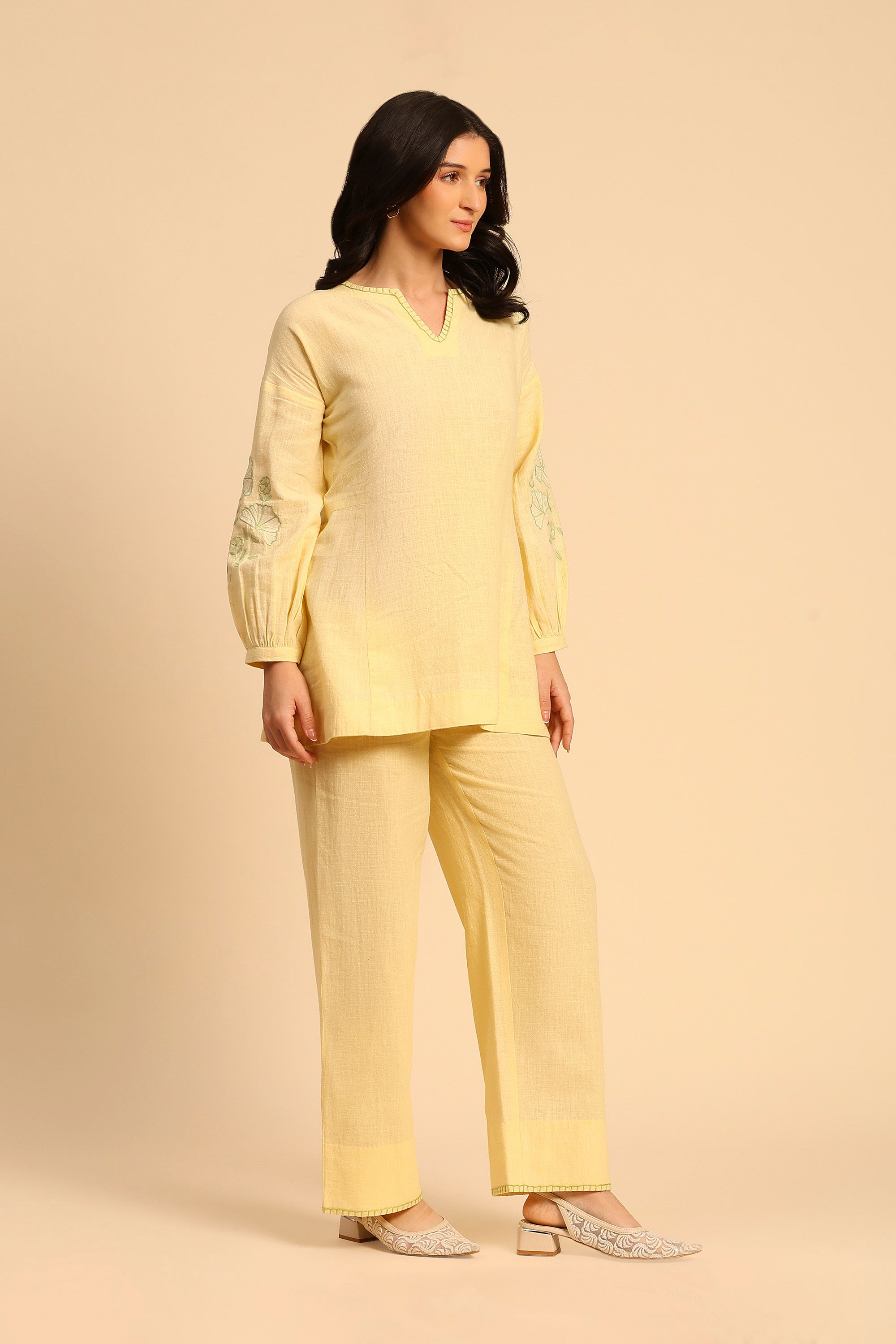 Alaya Yellow Embroidered Handcrafted Cotton Linen Co-ord Set