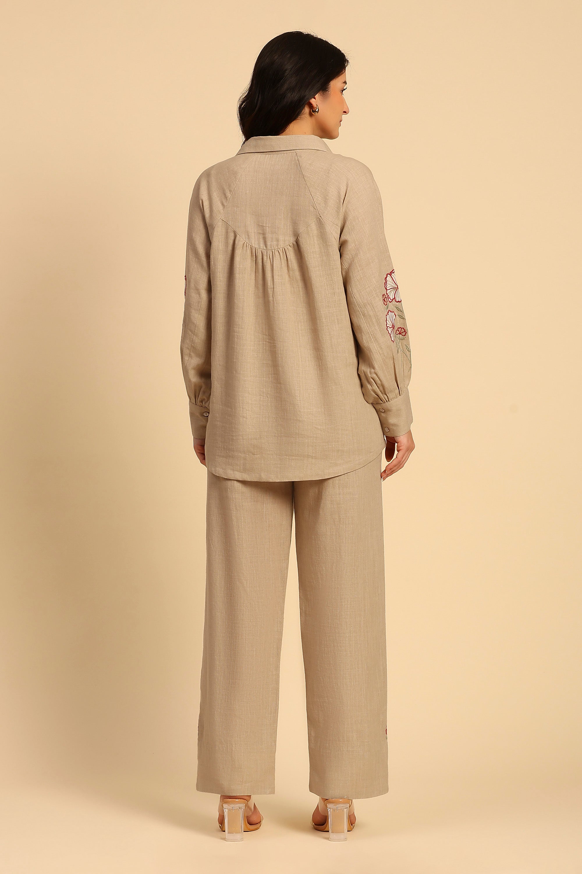 Raya Tan Embroidered Handcrafted Cotton Linen Co-ord Set
