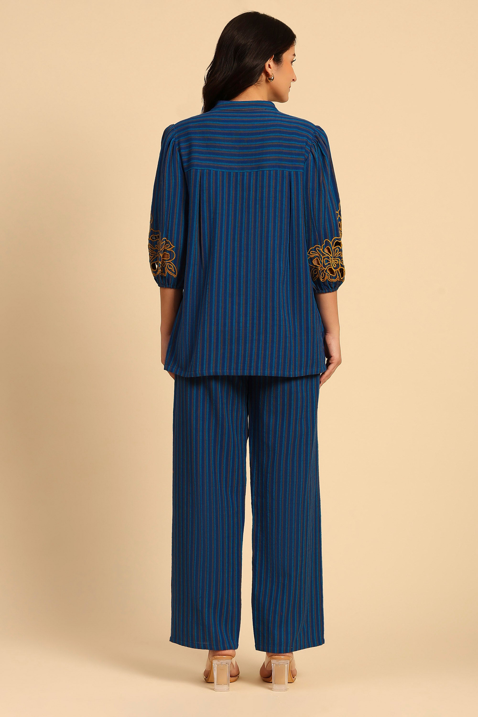 Sama Blue Embroidered Yarn Dyed Handcrafted Co-ord Set