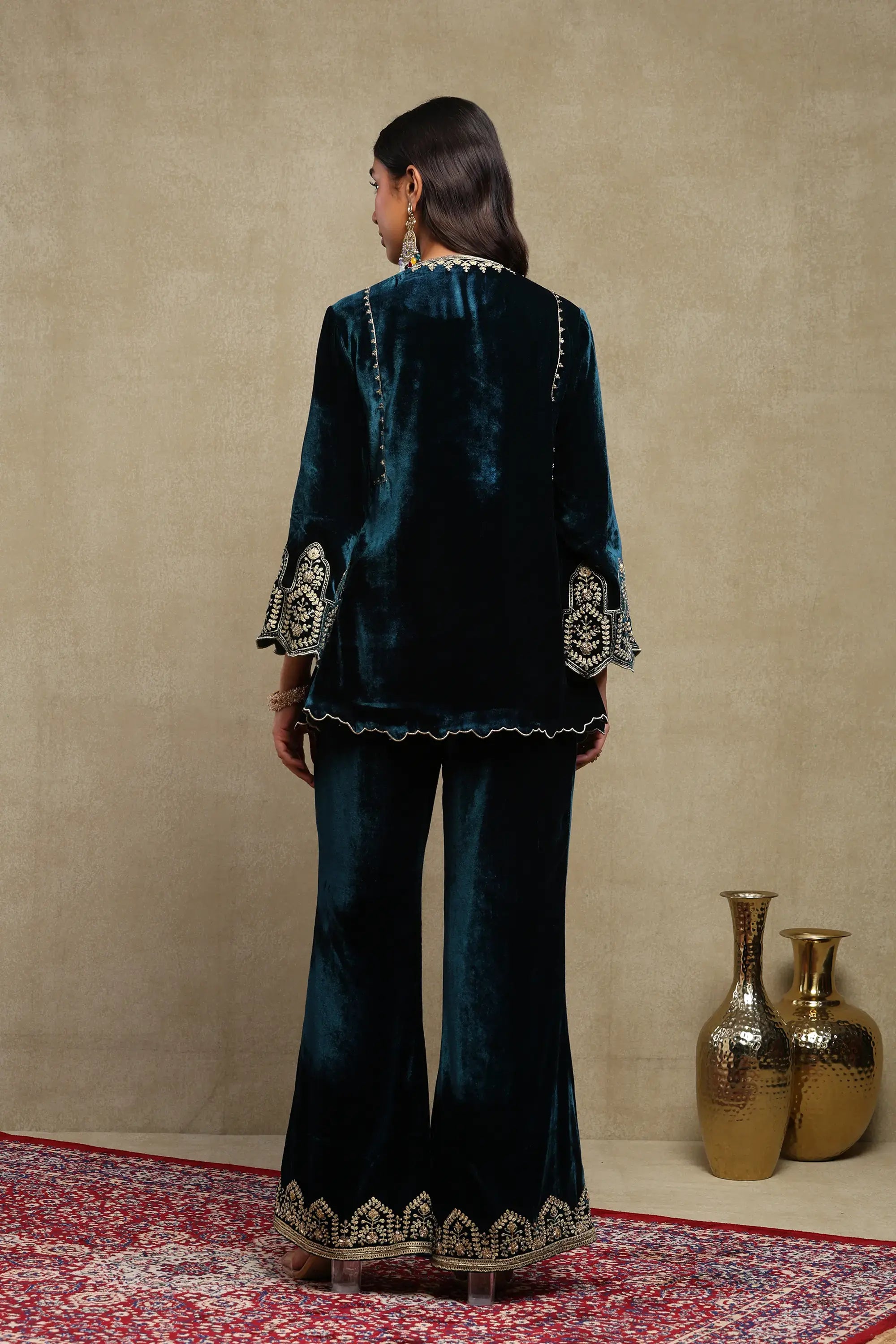 Rida Midnight Blue Hand Embroidered Silk Velvet Co-Ord Set