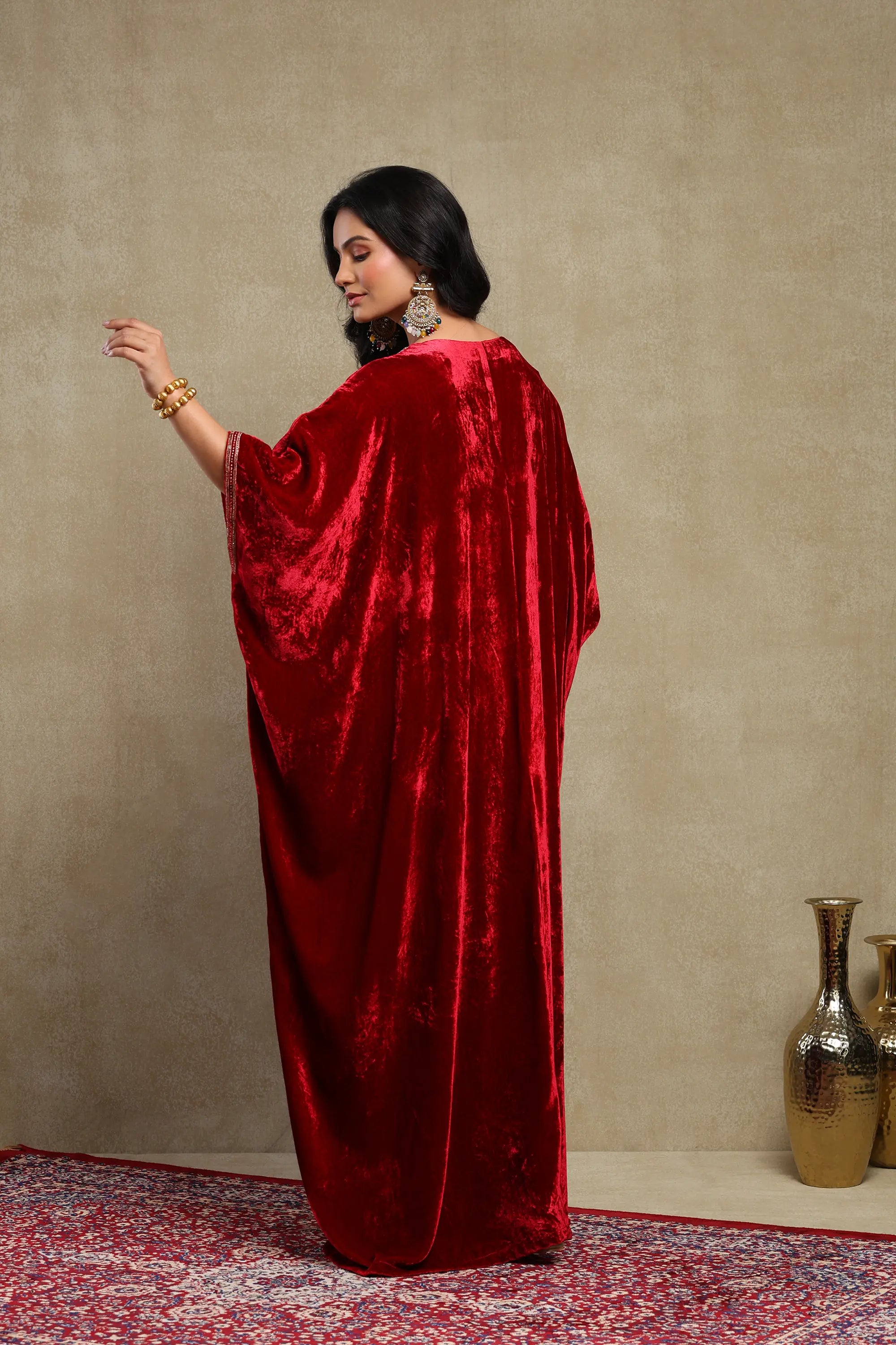 Gulzar Cherry Red Silk Velvet Handcrafted Kaftan