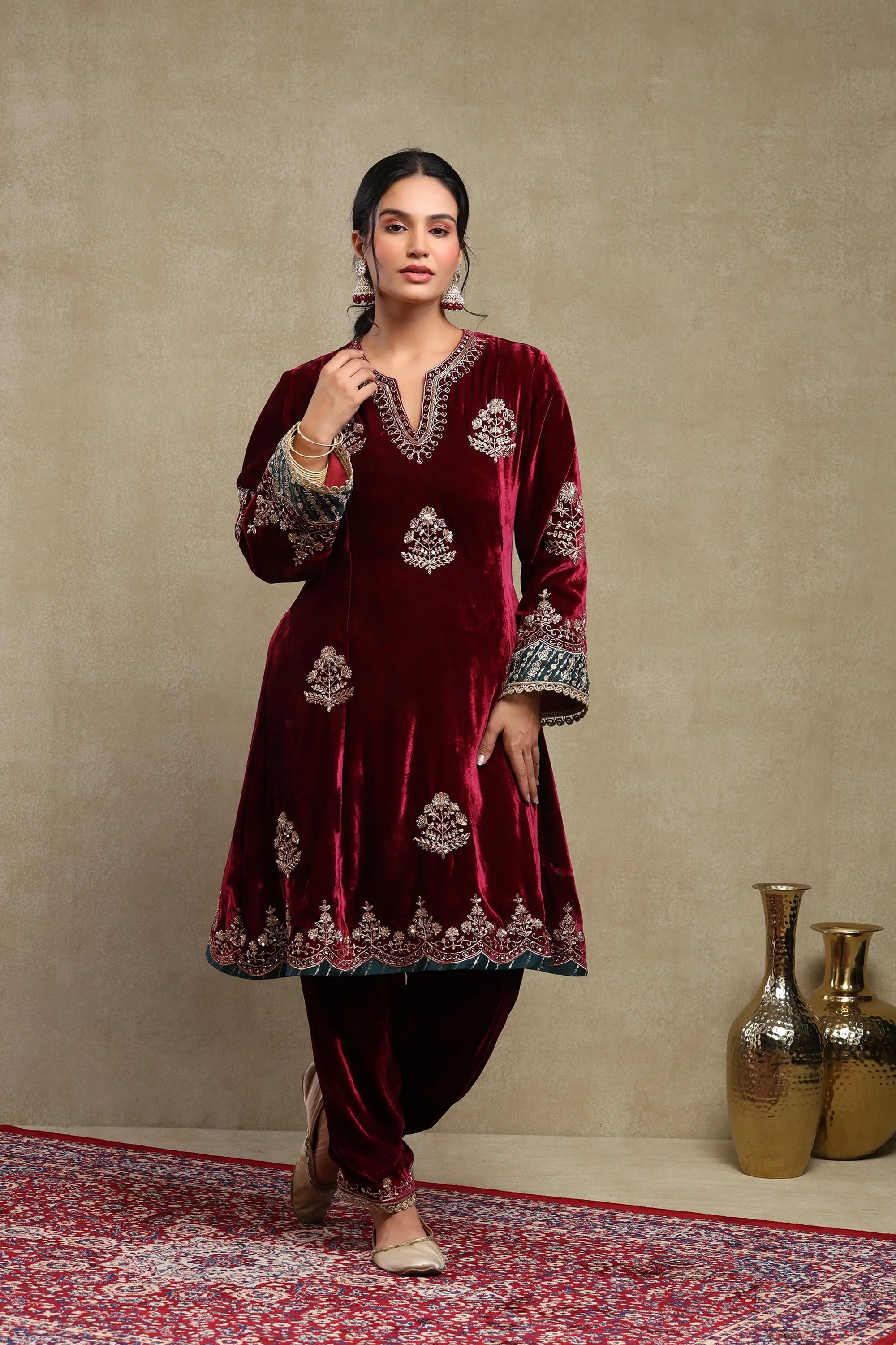 Dilruba Plum Embroidered Silk Velvet Kurta Set