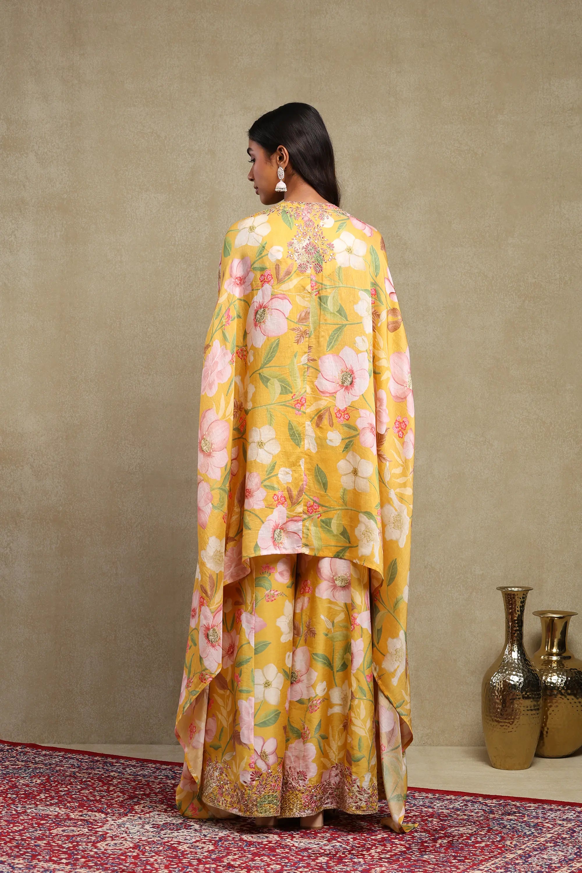 Tanisha Mustard Floral Printed Hand Embroidered Lightweight Chanderi Kaftan Set