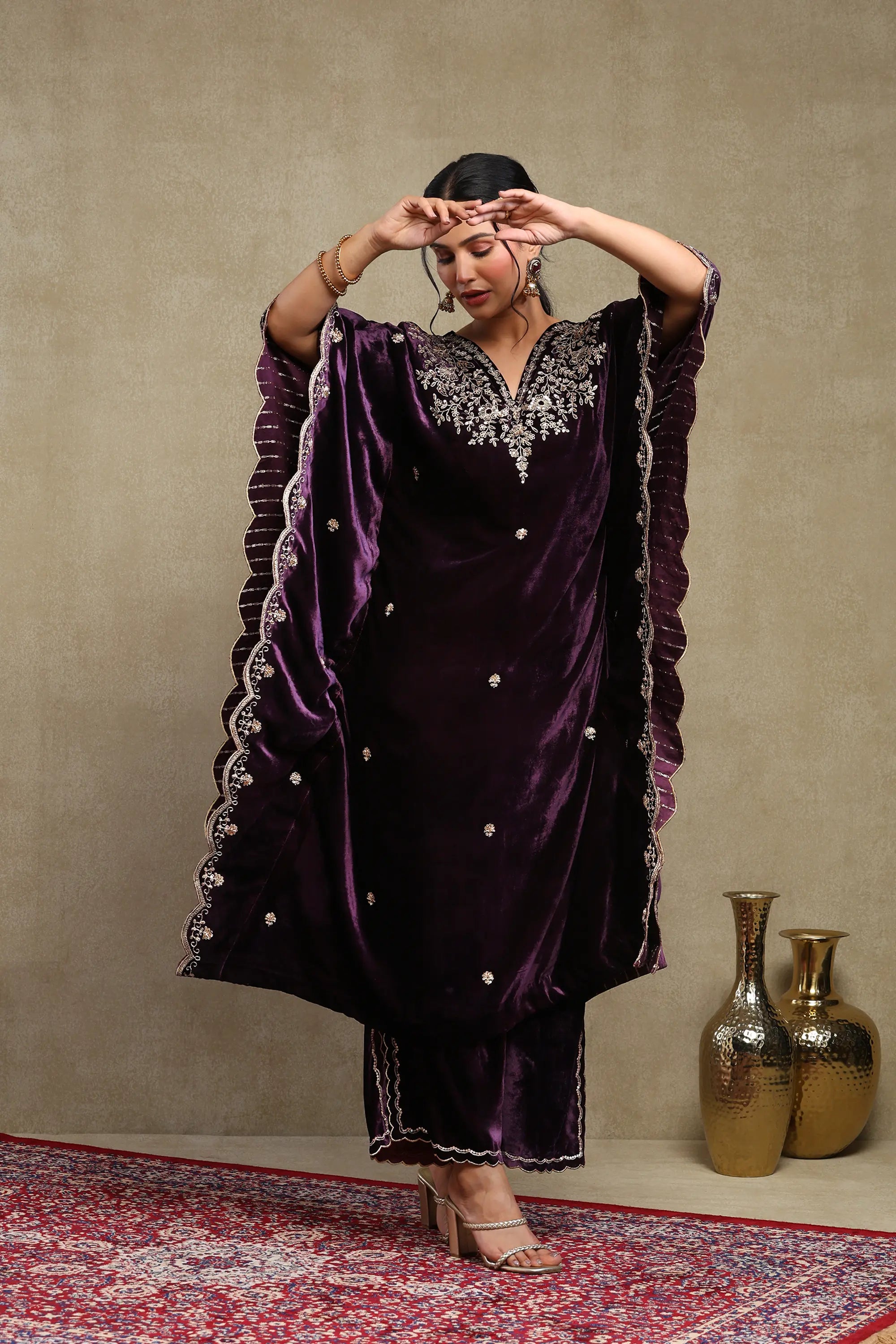 Zainab Purple Embroidered Silk Velvet Kaftan Set