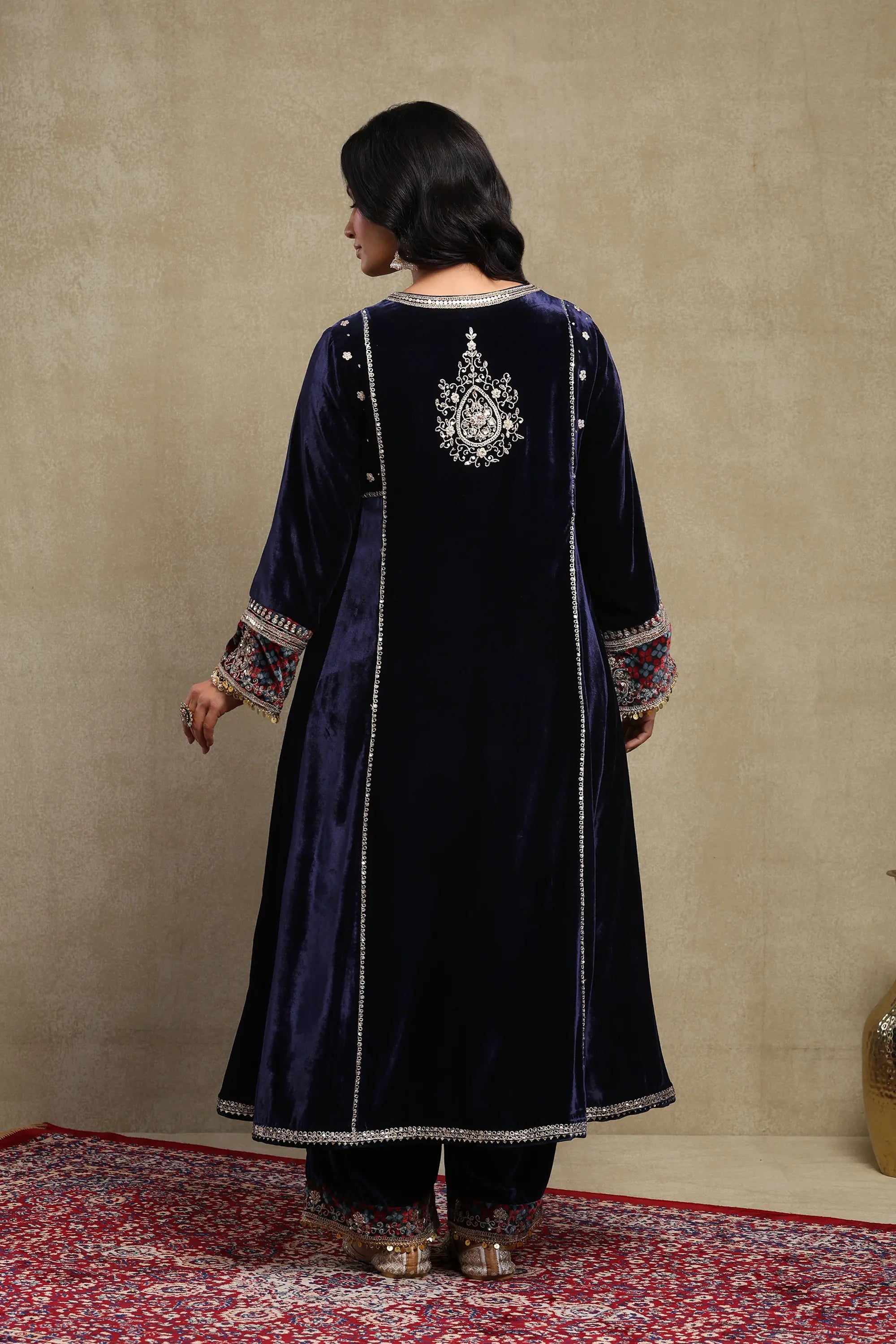 Sahira Navy Blue Embroidered Silk Velvet A-Line Kurta Set