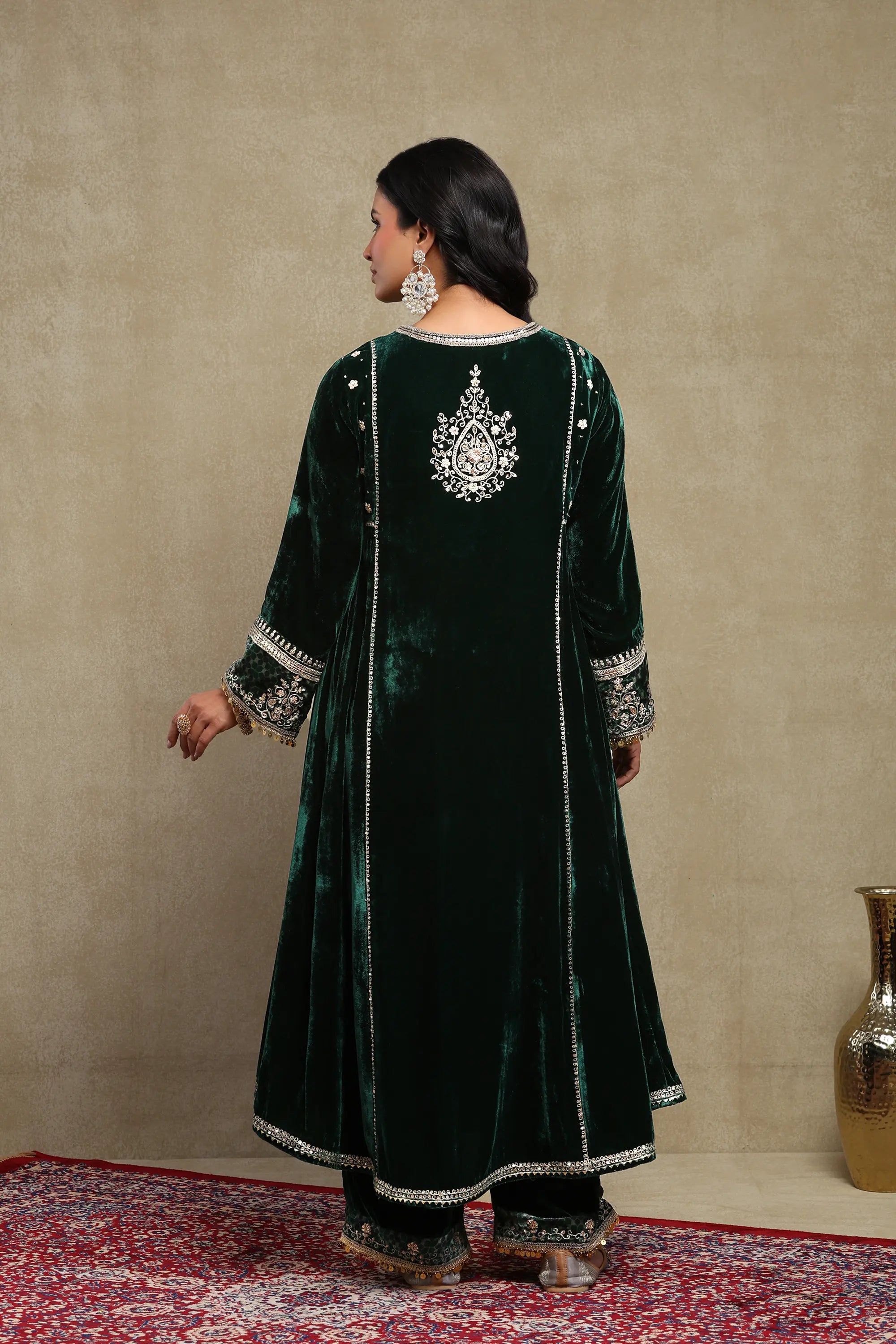 Sahira Forest Green Embroidered Silk Velvet A-Line Kurta Set