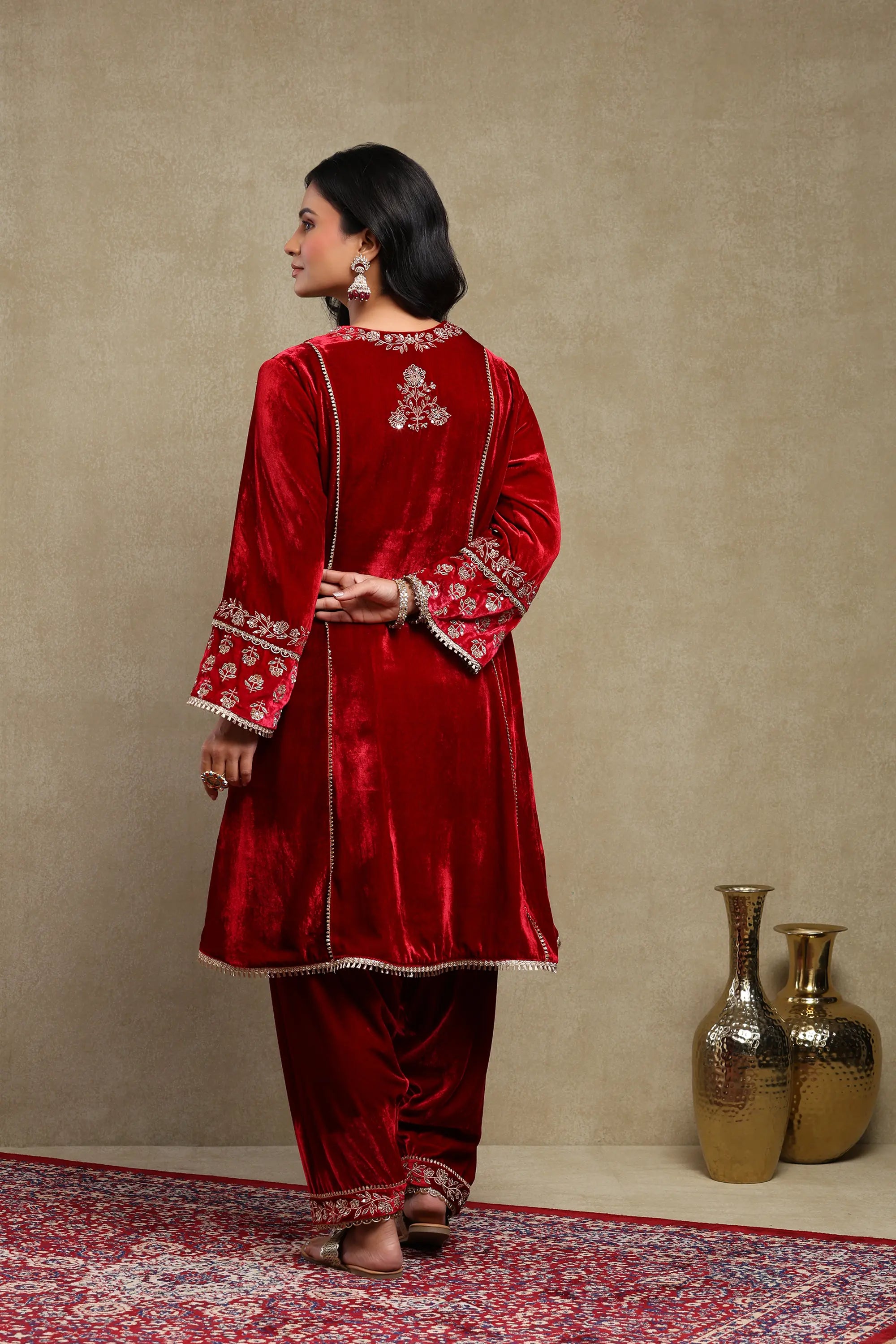 Raabta Cherry Red Embroidered Silk Velvet Kurta Set