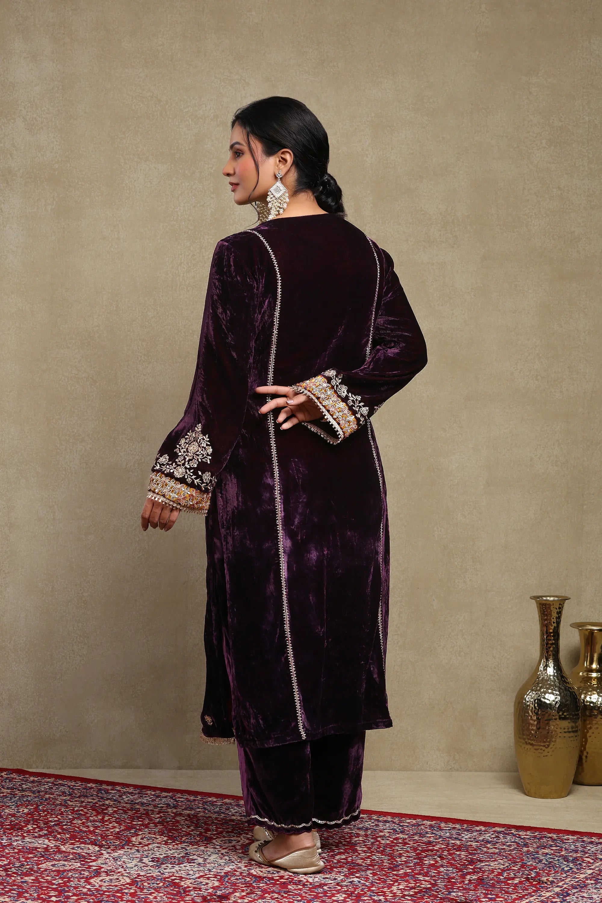 Leena Purple Embroidered Silk Velvet Handcrafted Kurta Set