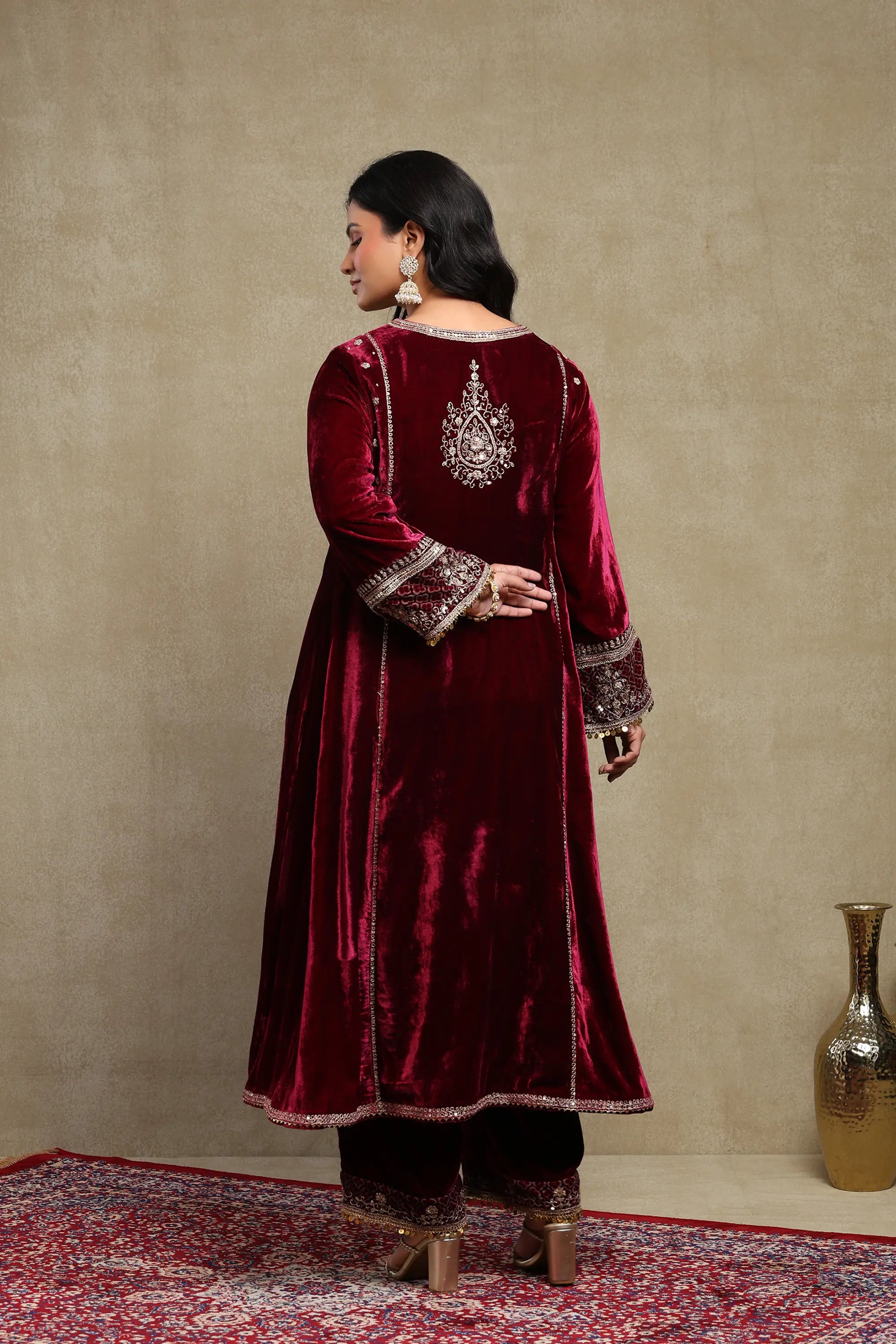 Sahira Plum Embroidered Silk Velvet A-Line Kurta Set