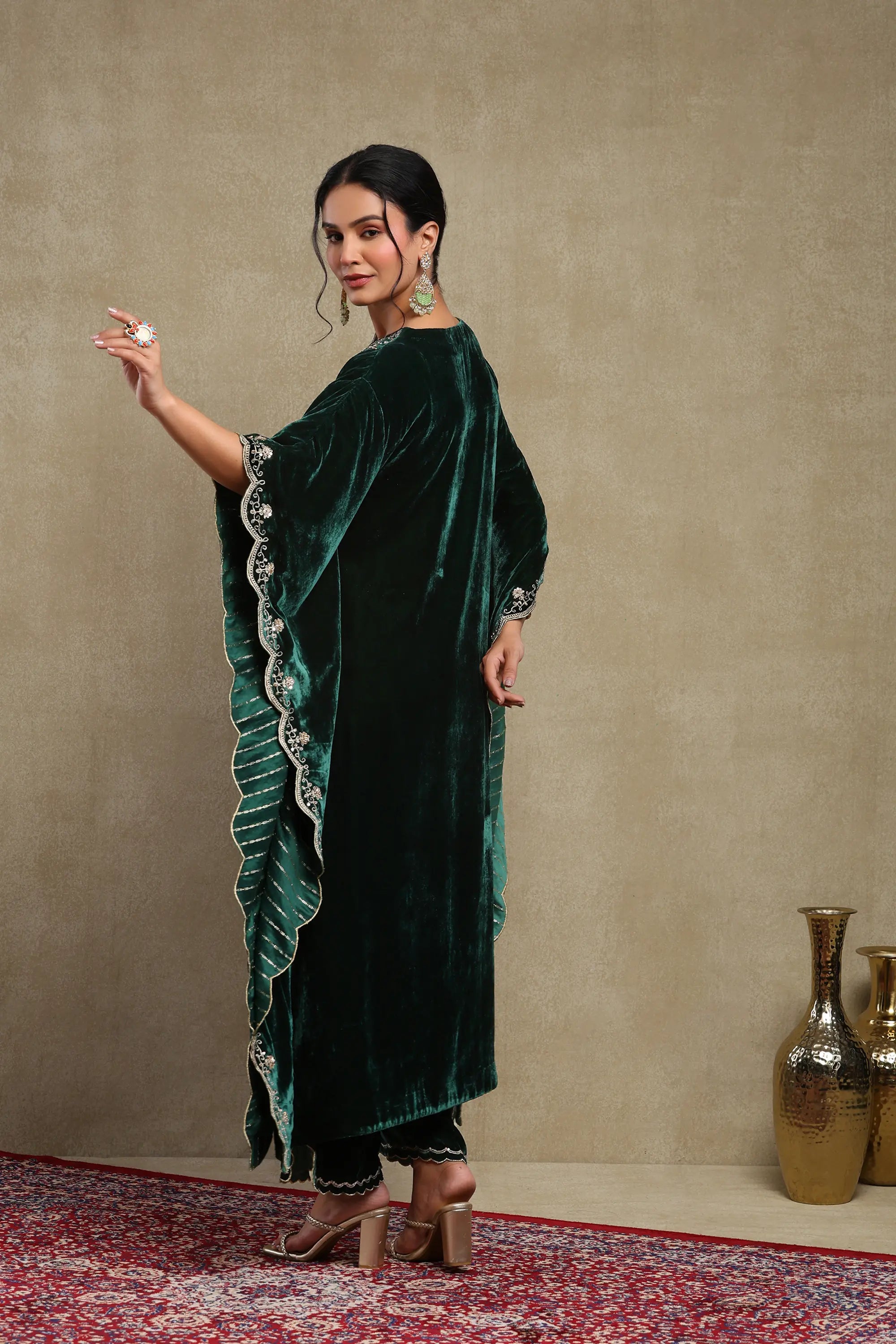 Zainab Forest Green Embroidered Silk Velvet Kaftan Set