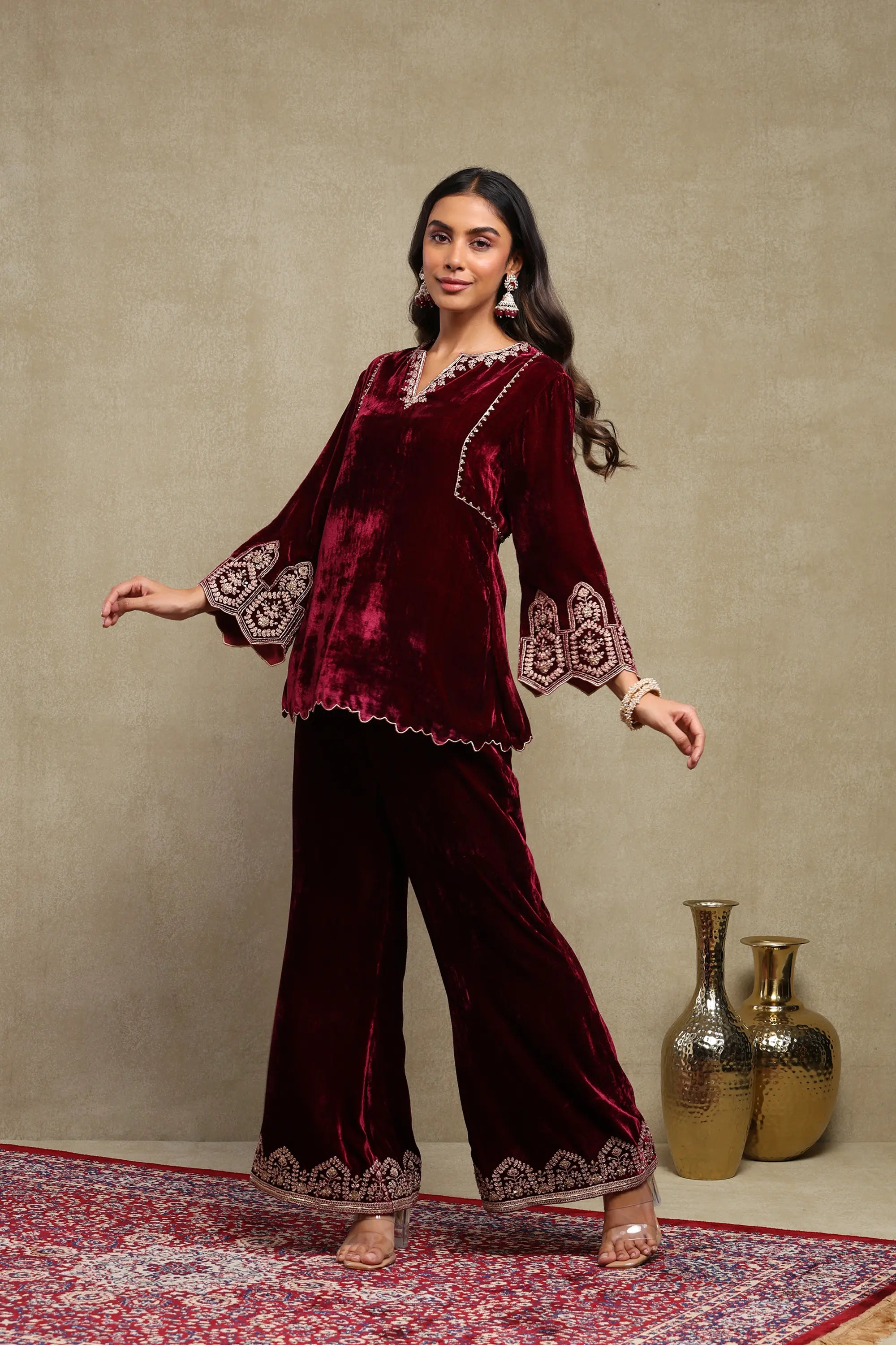 Rida Plum Hand Embroidered Silk Velvet Co-Ord Set
