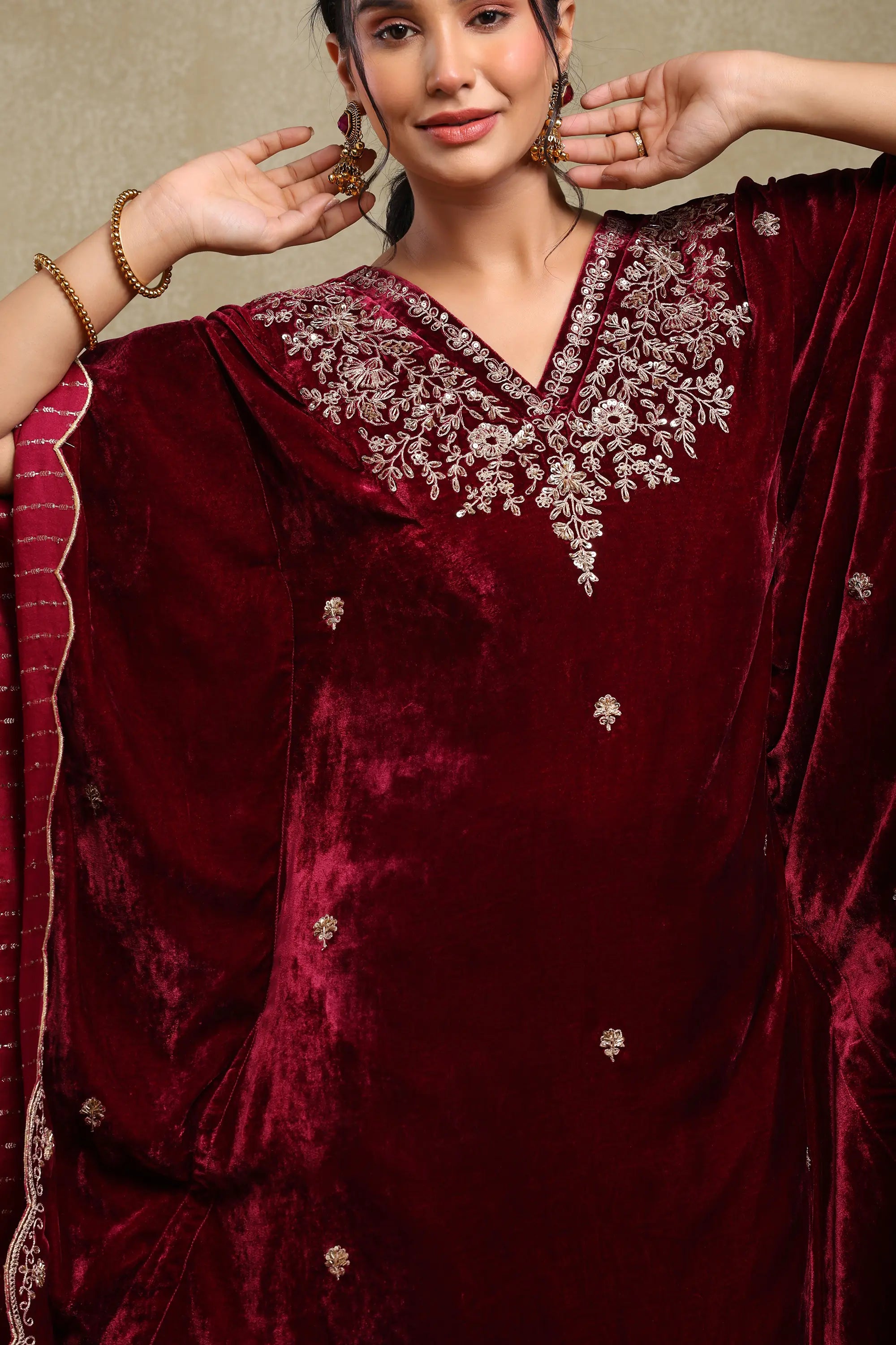 Zainab Plum Embroidered Silk Velvet Kaftan Set (READY TO SHIP)