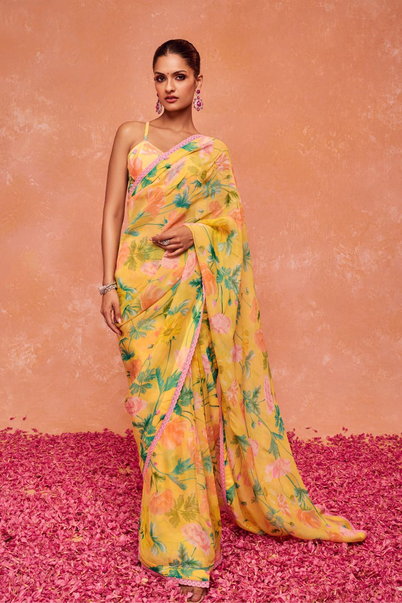 AYANA YELLOW FLORAL PRINTED ORGANZA SAREE