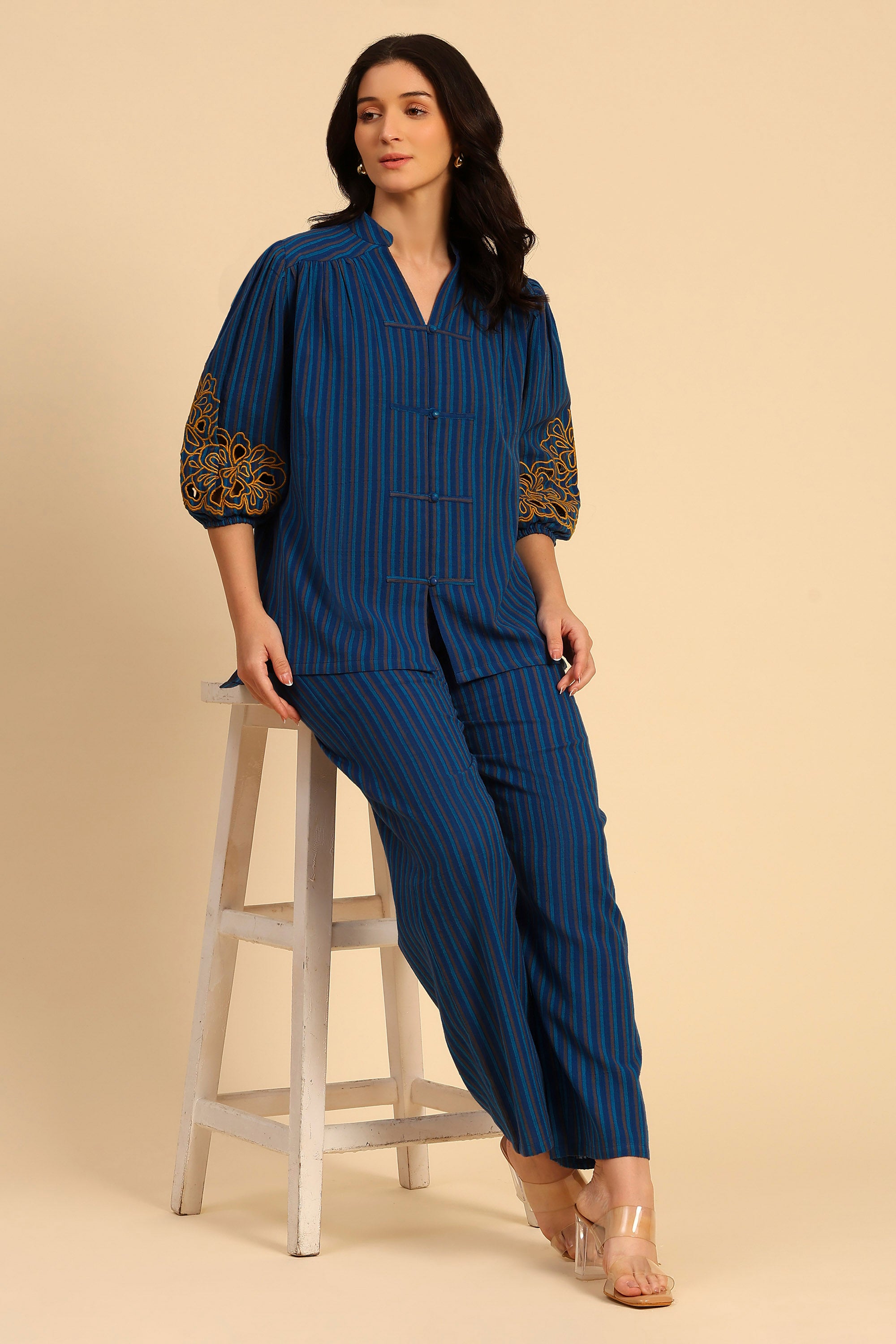 Sama Blue Embroidered Yarn Dyed Handcrafted Co-ord Set