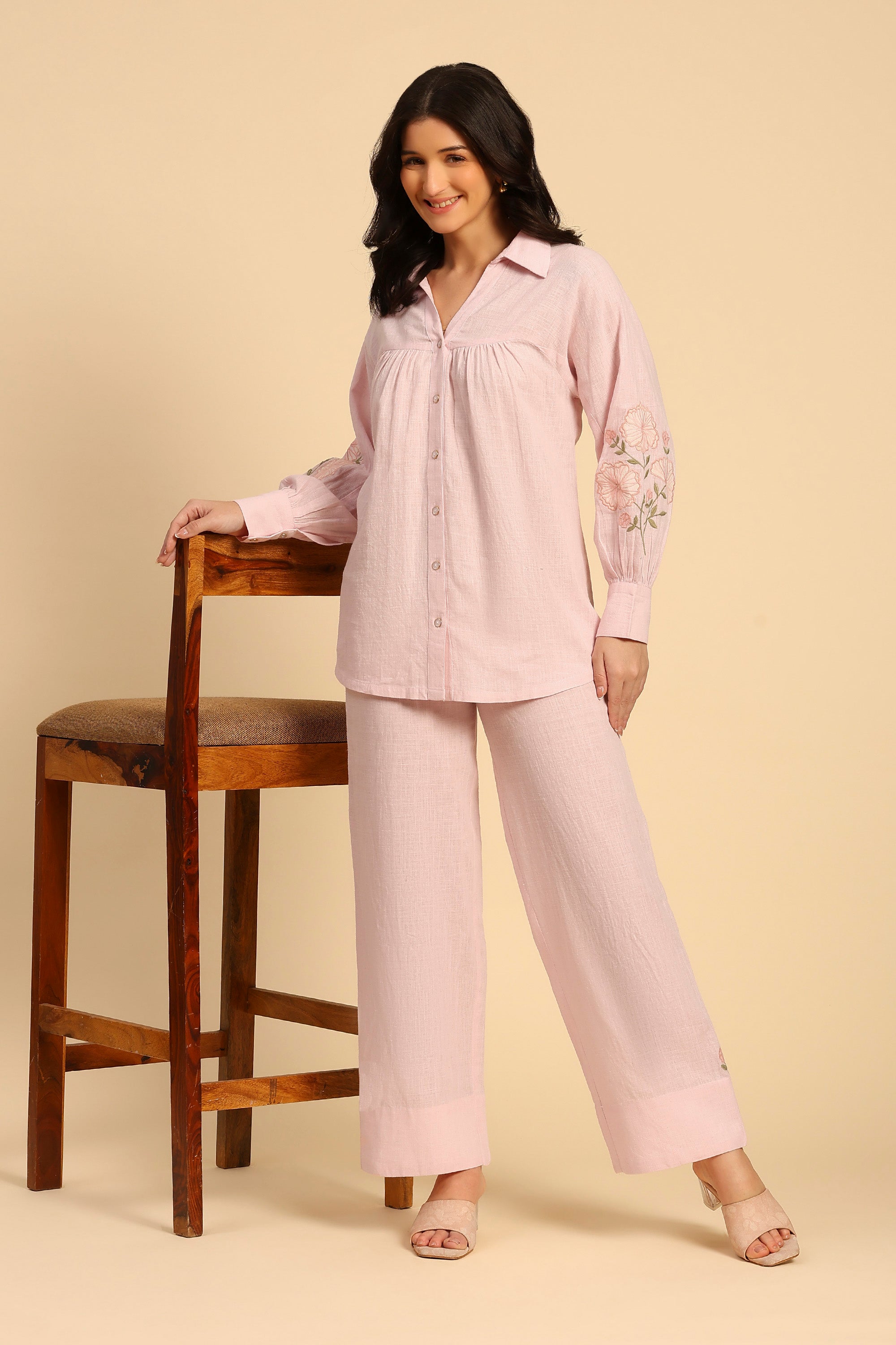 Raya Pink Embroidered Handcrafted Cotton Linen Co-ord Set