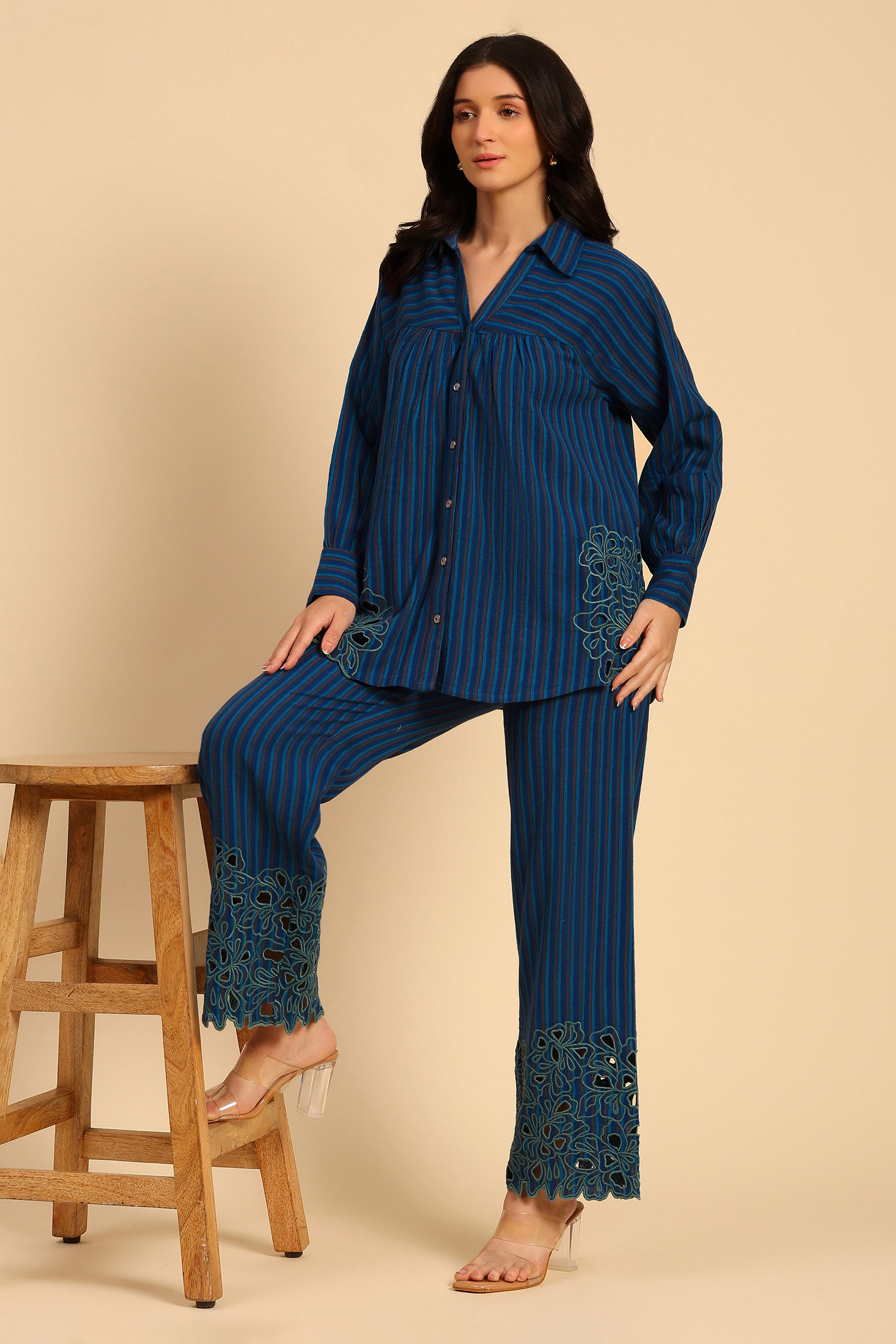 Avya Blue Embroidered Yarn Dyed Handcrafted Co-ord Set