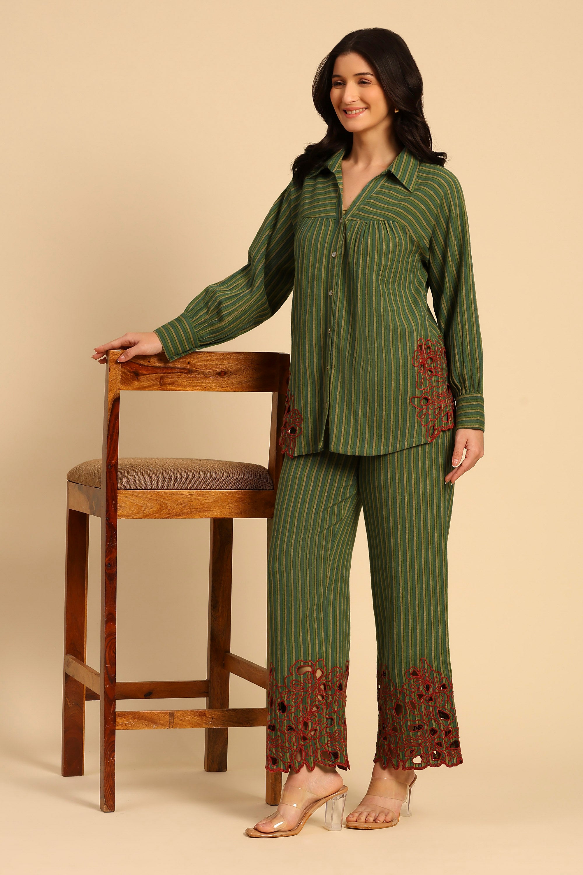 Avya Green Embroidered Yarn Dyed Handcrafted Co-ord Set: